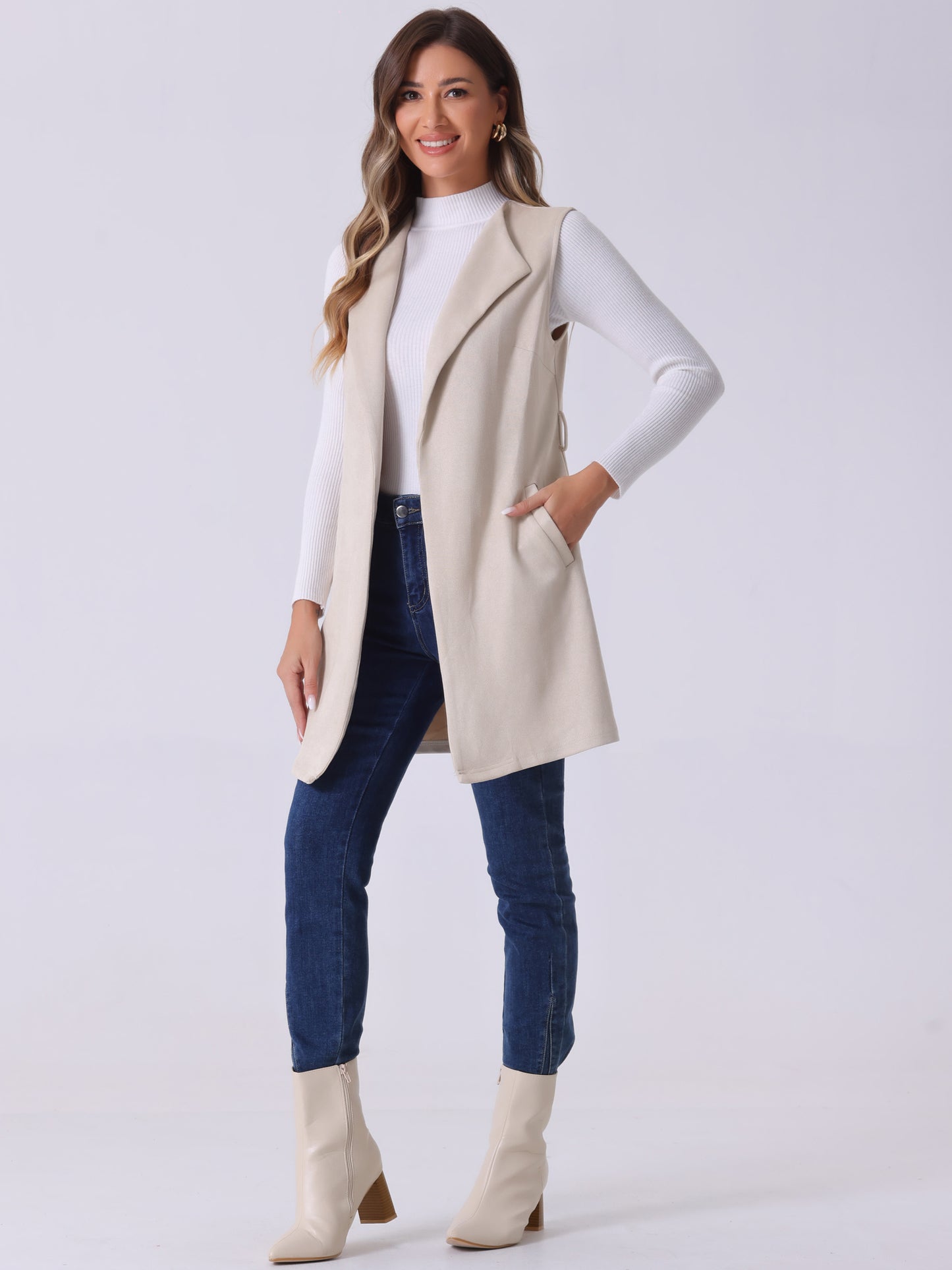 Women's Long Sleeveless Jackets Open Front Suede Cardigan Vest