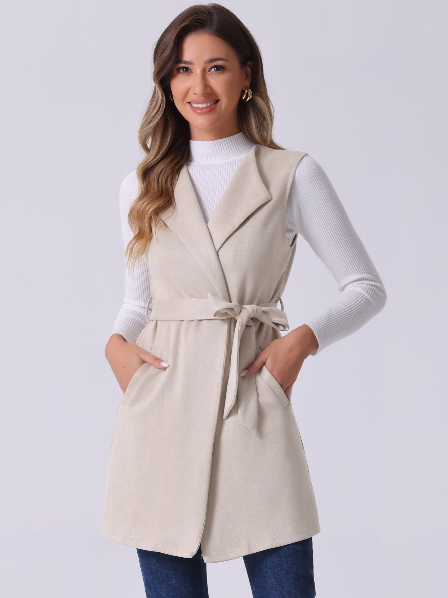 Women's Long Sleeveless Jackets Open Front Suede Cardigan Vest