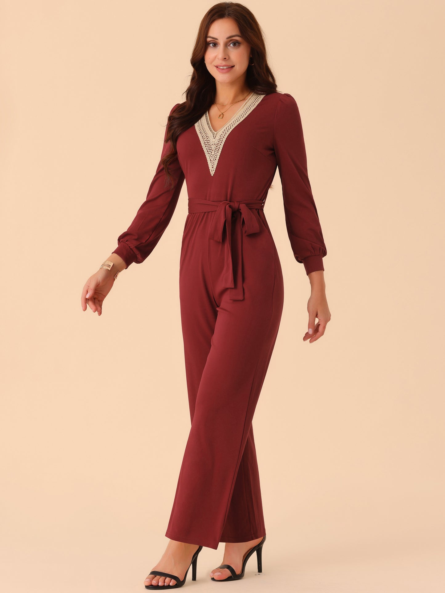 Women's Long Sleeve V Neck Jumpsuit Belted Stretchy Wide Leg Long Pant Romper with Pockets