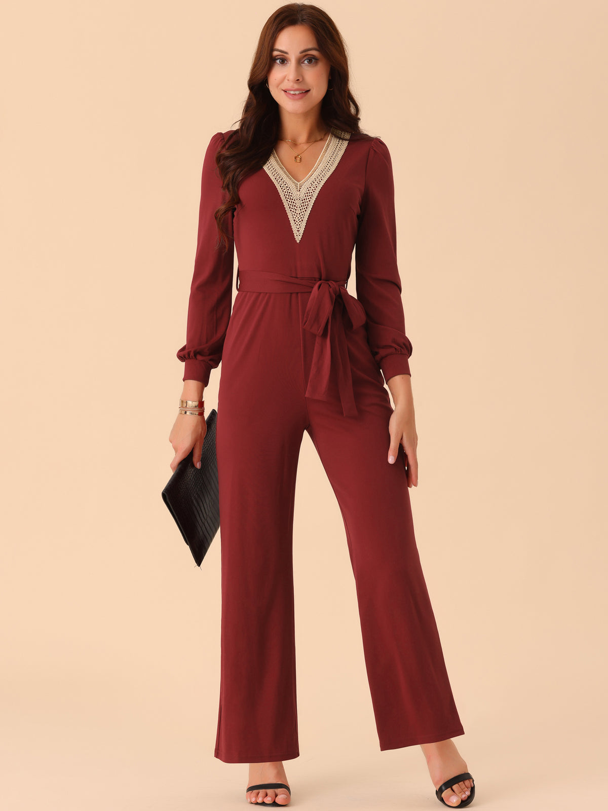 Women's Long Sleeve V Neck Jumpsuit Belted Stretchy Wide Leg Long Pant Romper with Pockets