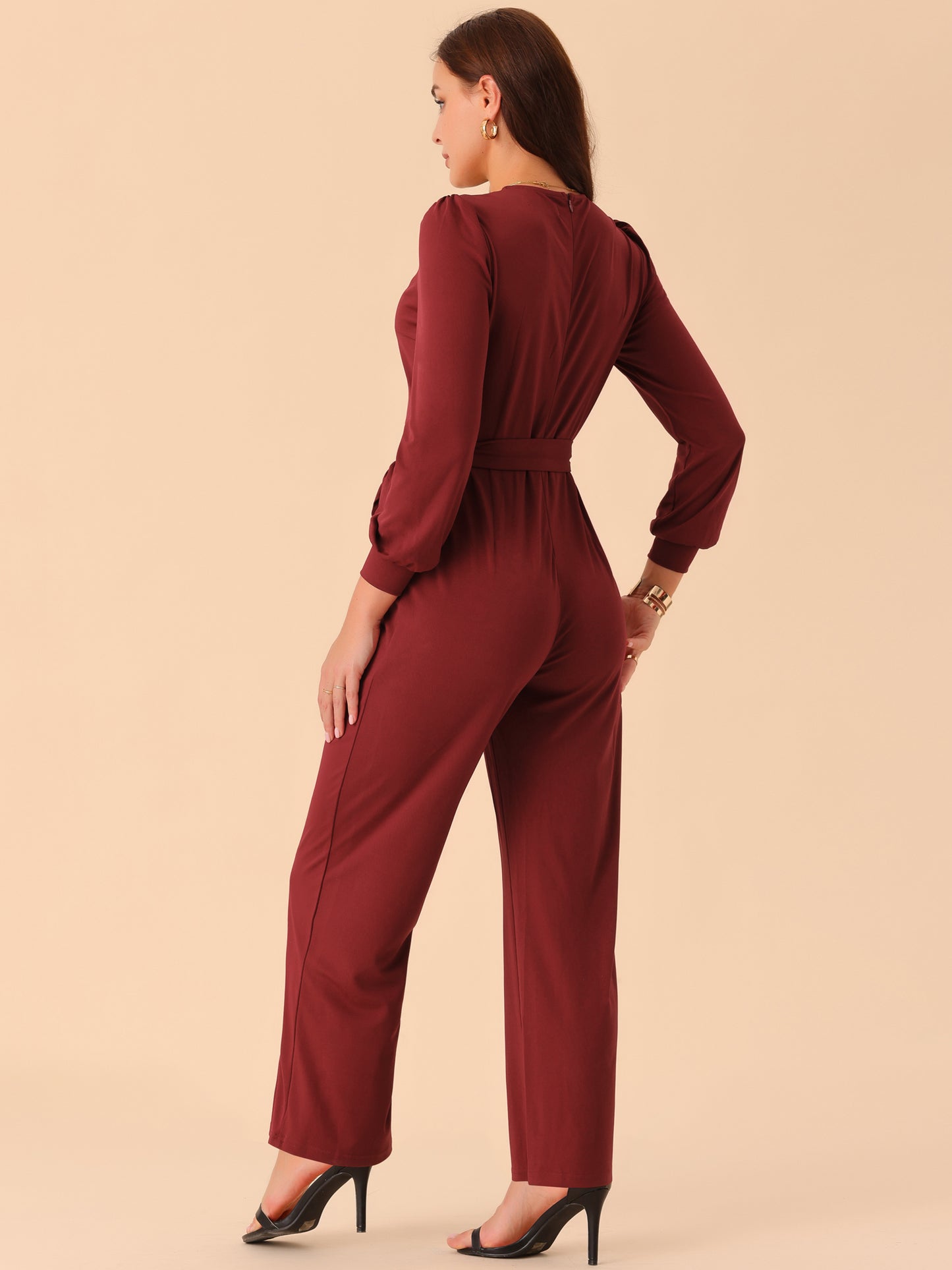 Women's Long Sleeve V Neck Jumpsuit Belted Stretchy Wide Leg Long Pant Romper with Pockets