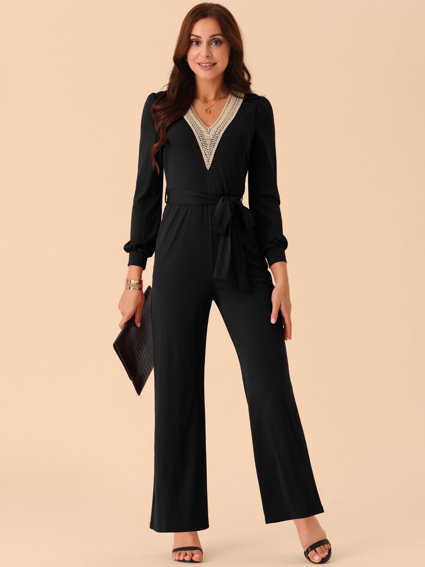 Women's Long Sleeve V Neck Jumpsuit Belted Stretchy Wide Leg Long Pant Romper with Pockets