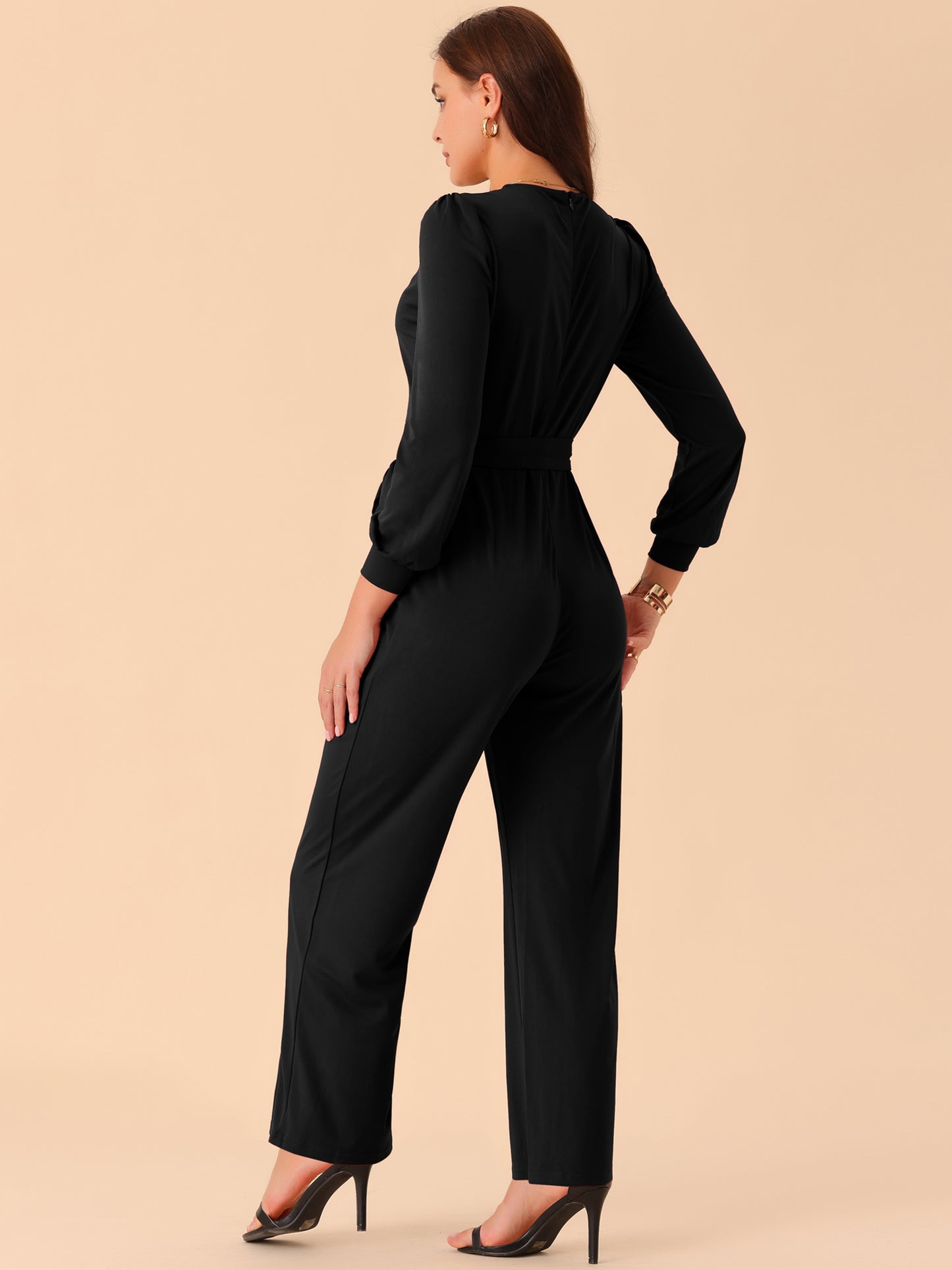 Women's Long Sleeve V Neck Jumpsuit Belted Stretchy Wide Leg Long Pant Romper with Pockets