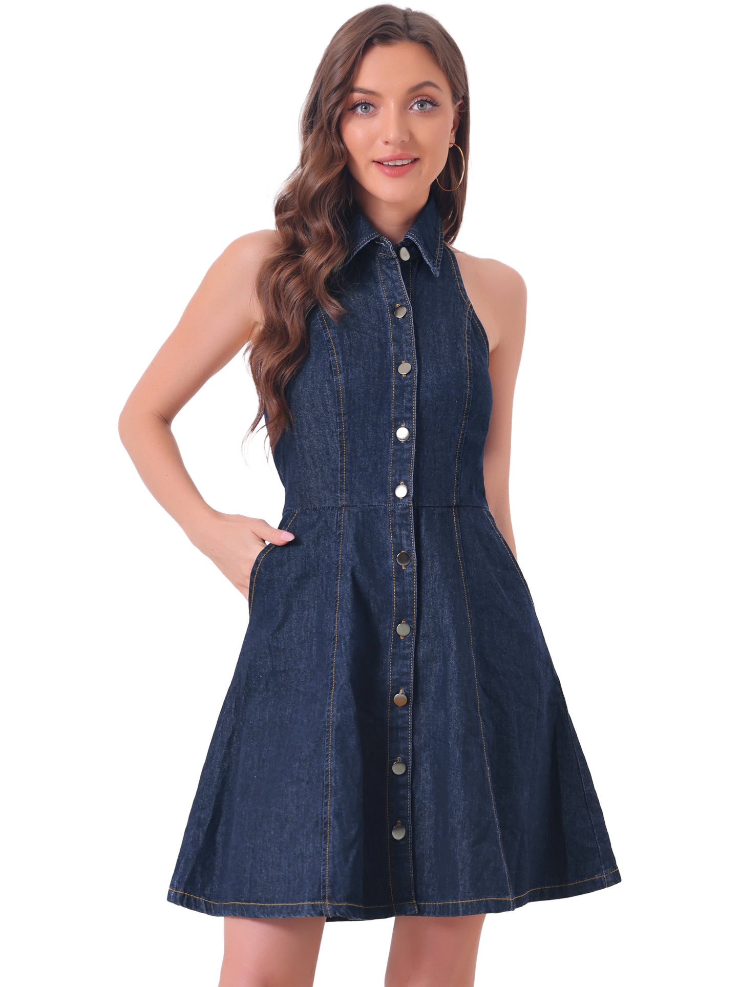 Women's Button Down Sleeveless Halter Neck Jean Dress Lightweight Denim Dresses (Available in Plus Size)