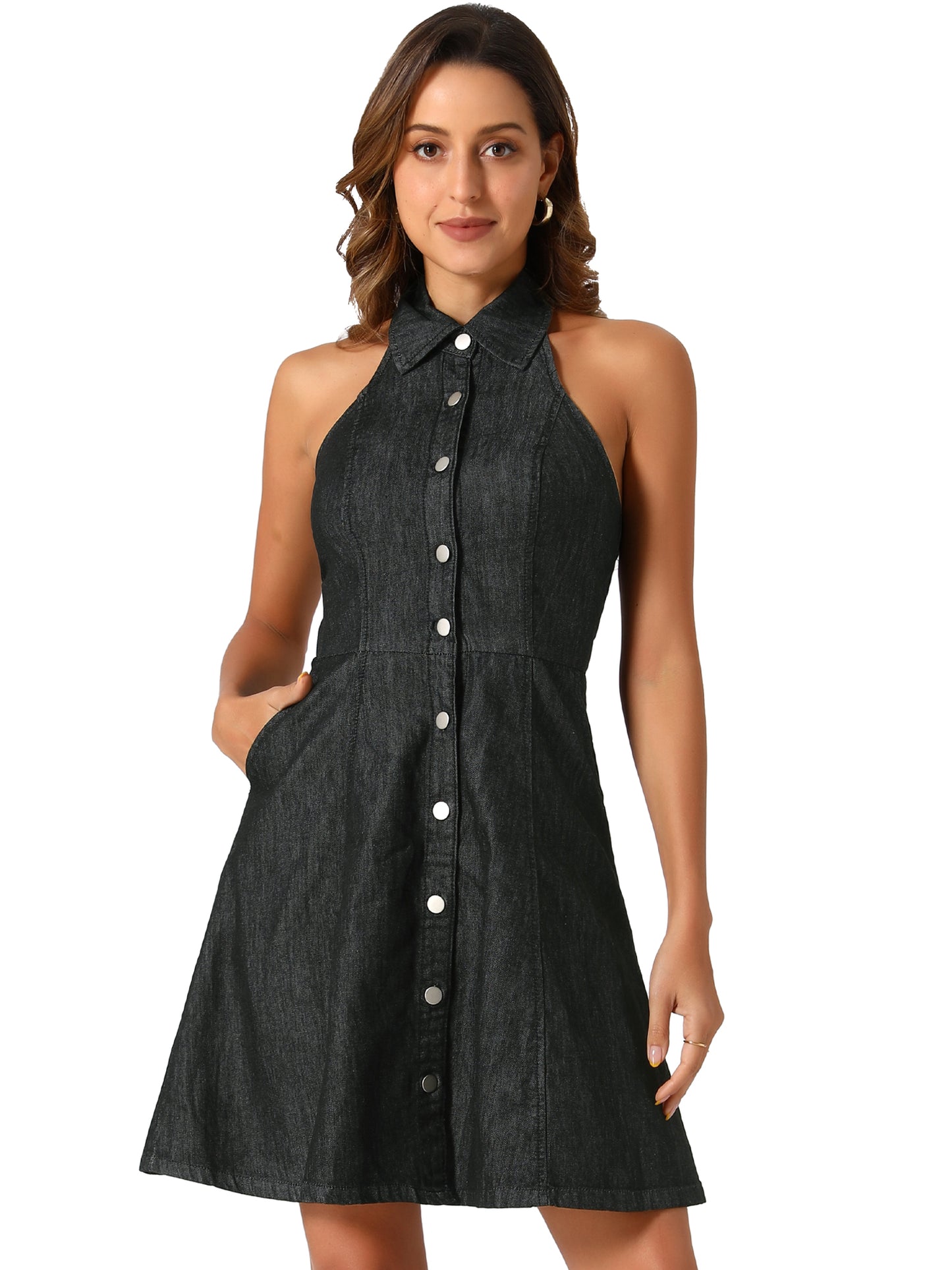 Women's Button Down Sleeveless Halter Neck Jean Dress Lightweight Denim Dresses (Available in Plus Size)