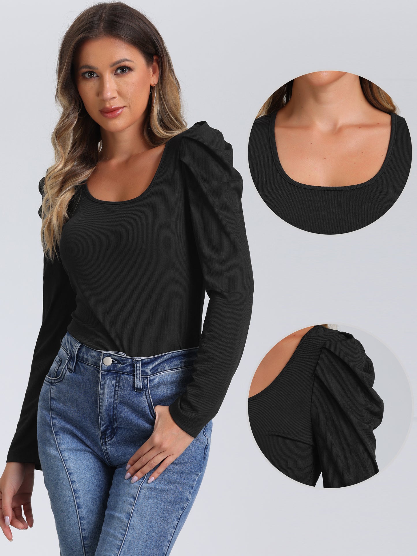 Women's Puff Sleeve Top Square Neck Long Sleeve Casual Basic Ribbed Tunic Blouse