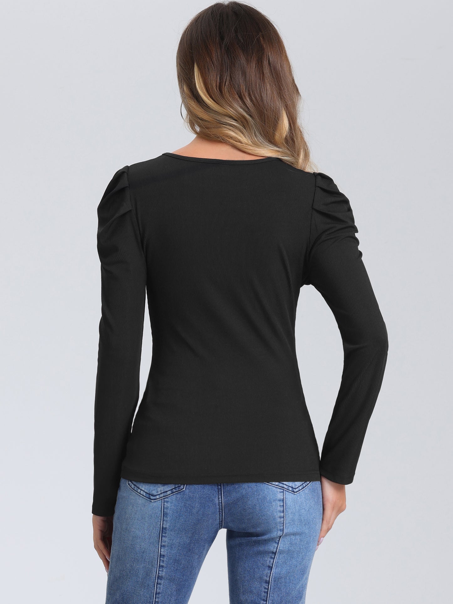 Women's Puff Sleeve Top Square Neck Long Sleeve Casual Basic Ribbed Tunic Blouse
