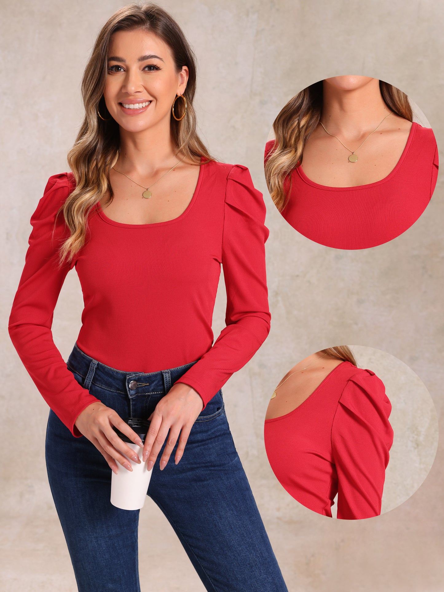 Women's Puff Sleeve Top Square Neck Long Sleeve Casual Basic Ribbed Tunic Blouse