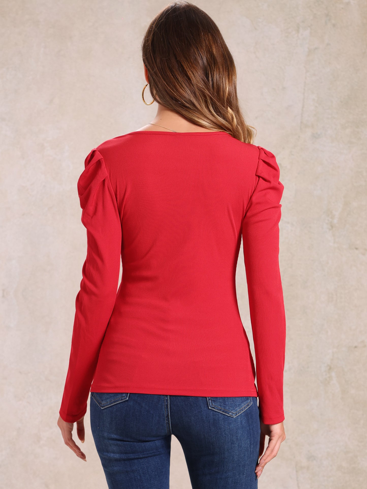 Women's Puff Sleeve Top Square Neck Long Sleeve Casual Basic Ribbed Tunic Blouse