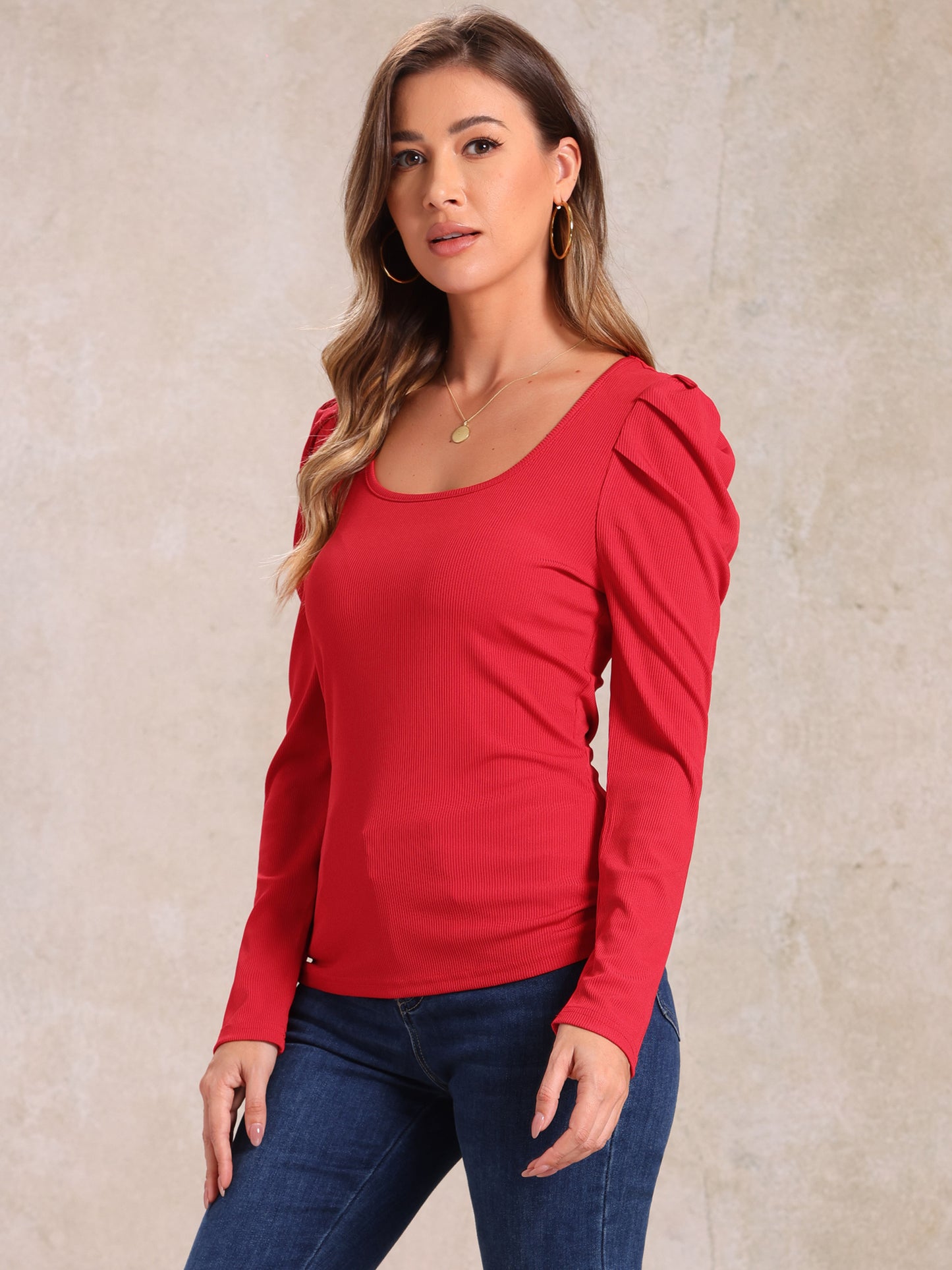 Women's Puff Sleeve Top Square Neck Long Sleeve Casual Basic Ribbed Tunic Blouse