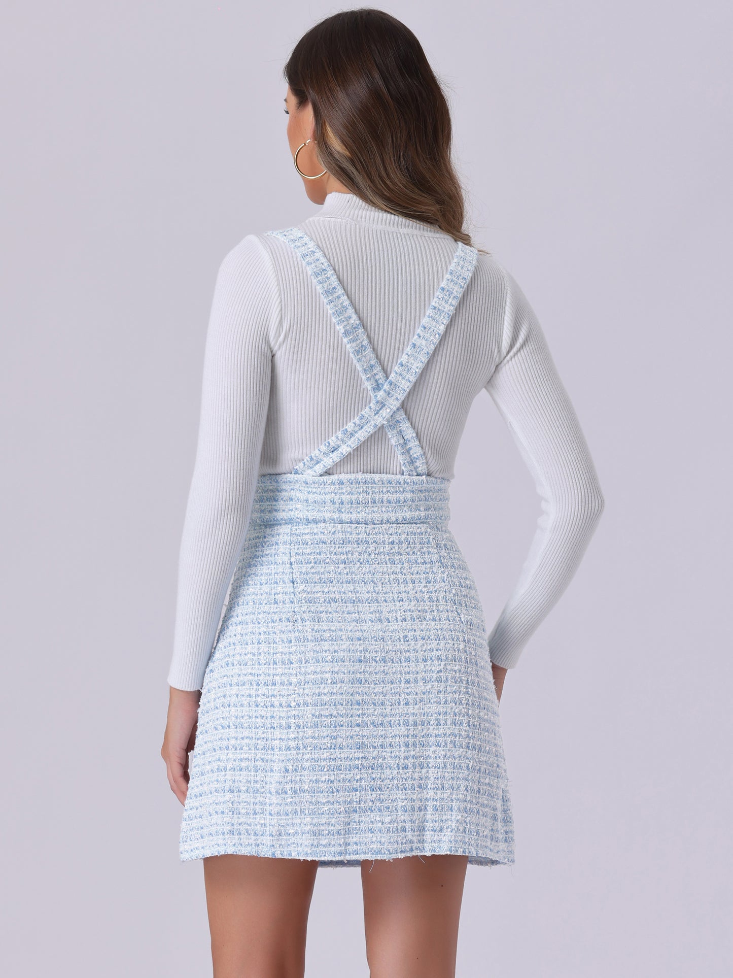 Vestido de tweed para mujer con tirantes y cintura alta, falda a cuadros con tirantes