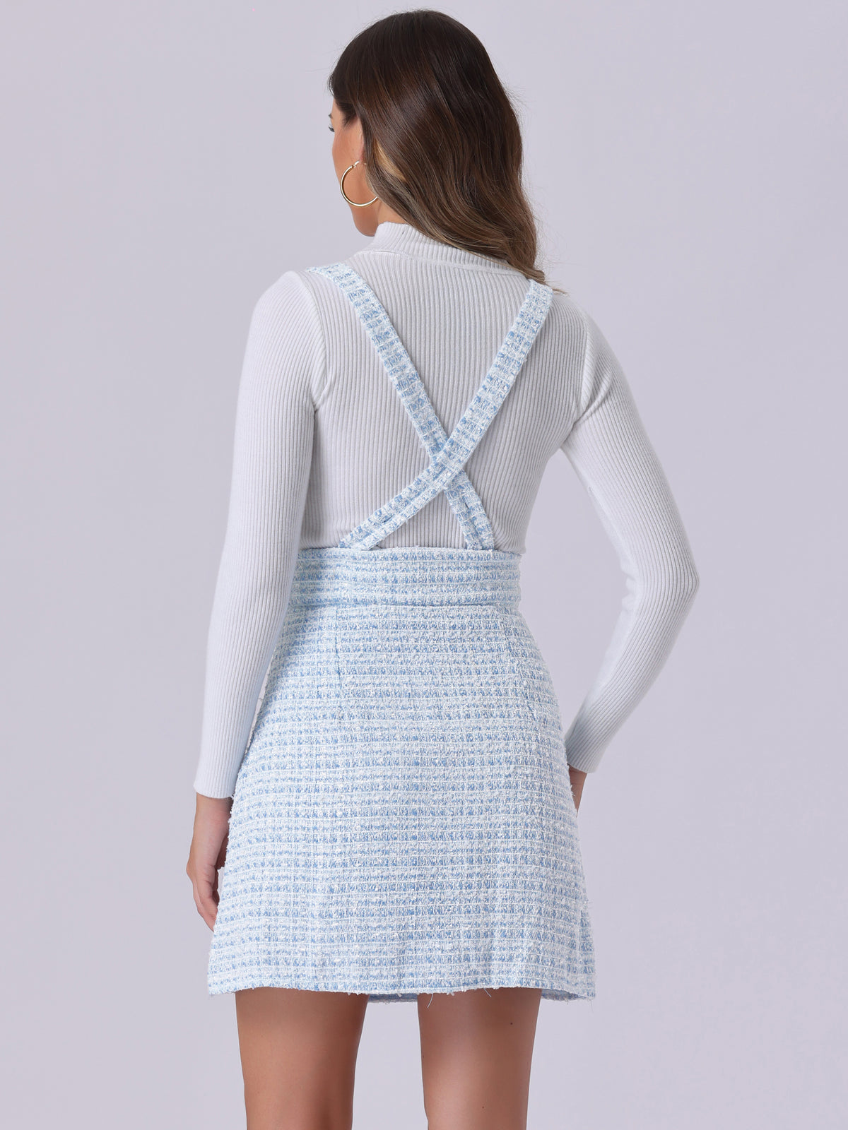 Women's Tweed Overall Dress Strap Braces High Waist Plaid Suspender Skirt