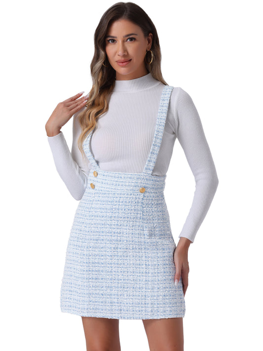 Women's Tweed Overall Dress Strap Braces High Waist Plaid Suspender Skirt