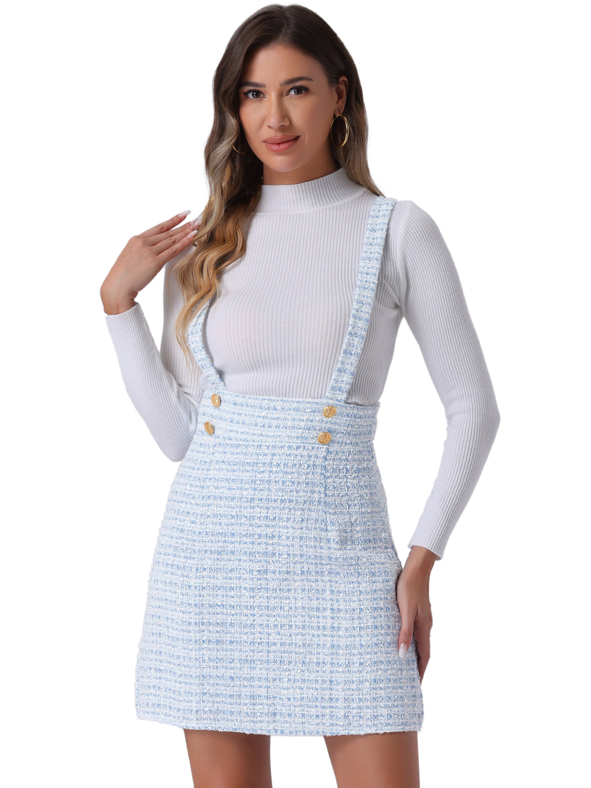 Women's Tweed Overall Dress Strap Braces High Waist Plaid Suspender Skirt