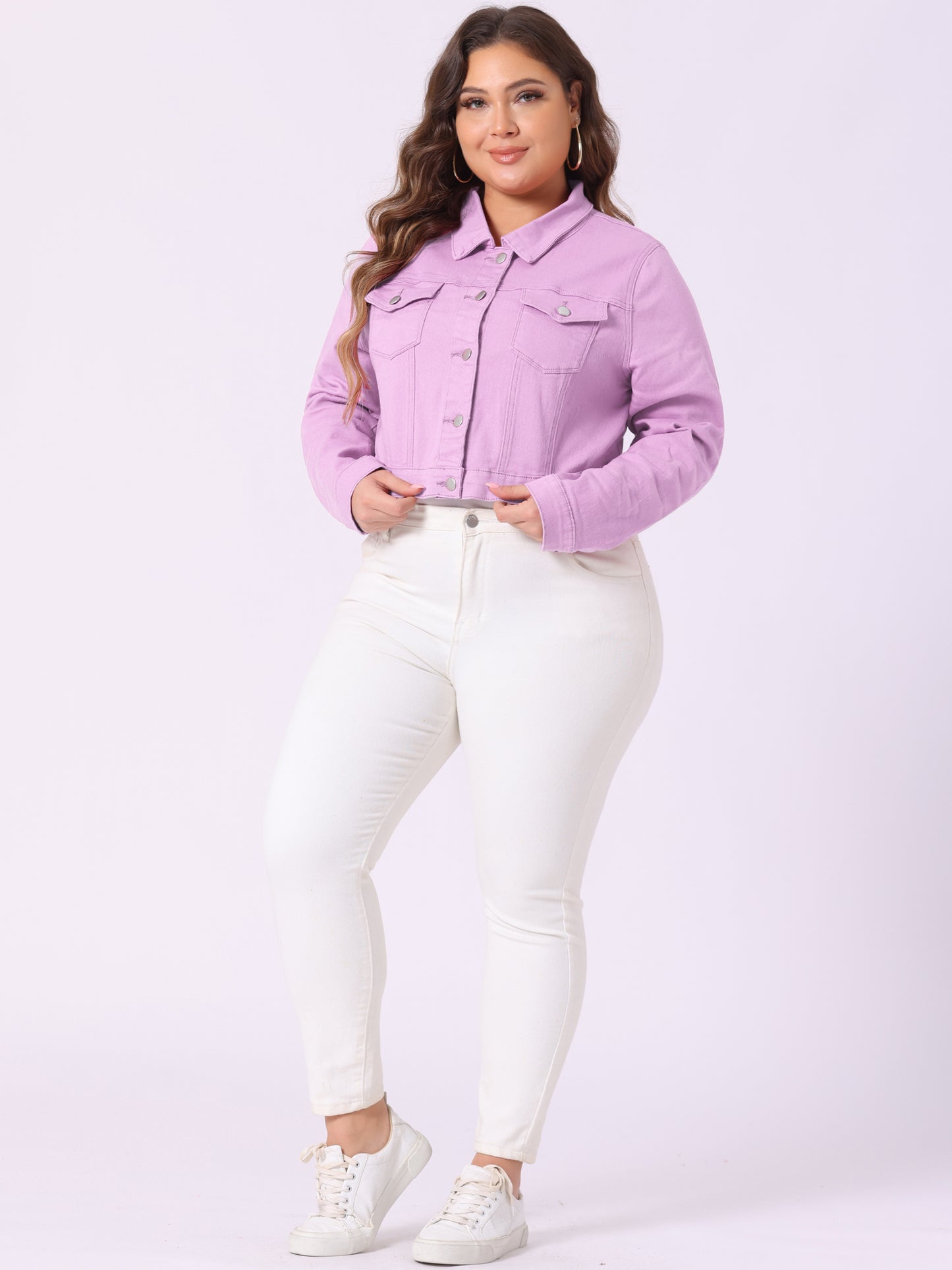 Women's Plus Size Button Closed Cropped Stitching Denim Jacket