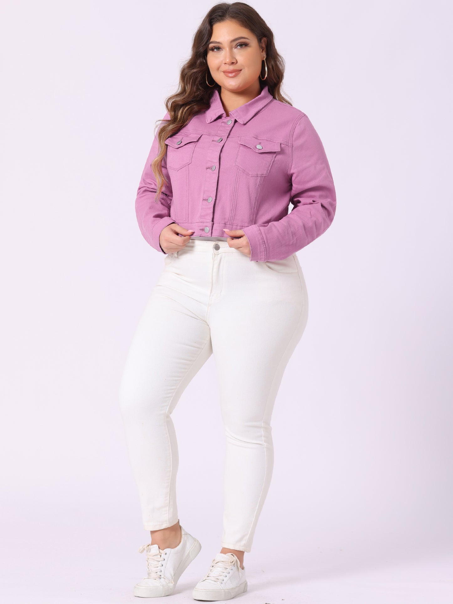 Women's Plus Size Button Closed Cropped Stitching Denim Jacket