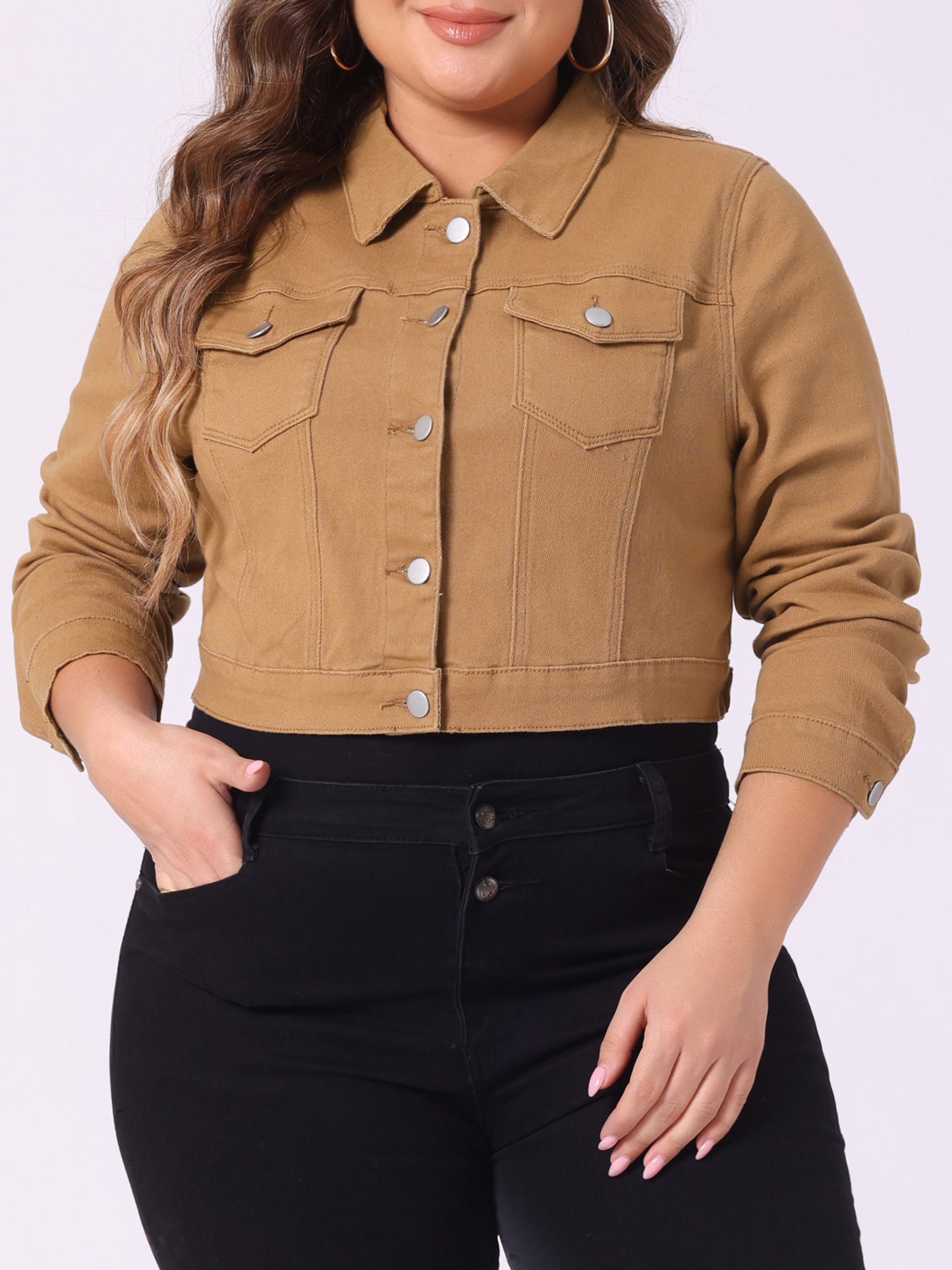 Women's Plus Size Button Closed Cropped Stitching Denim Jacket