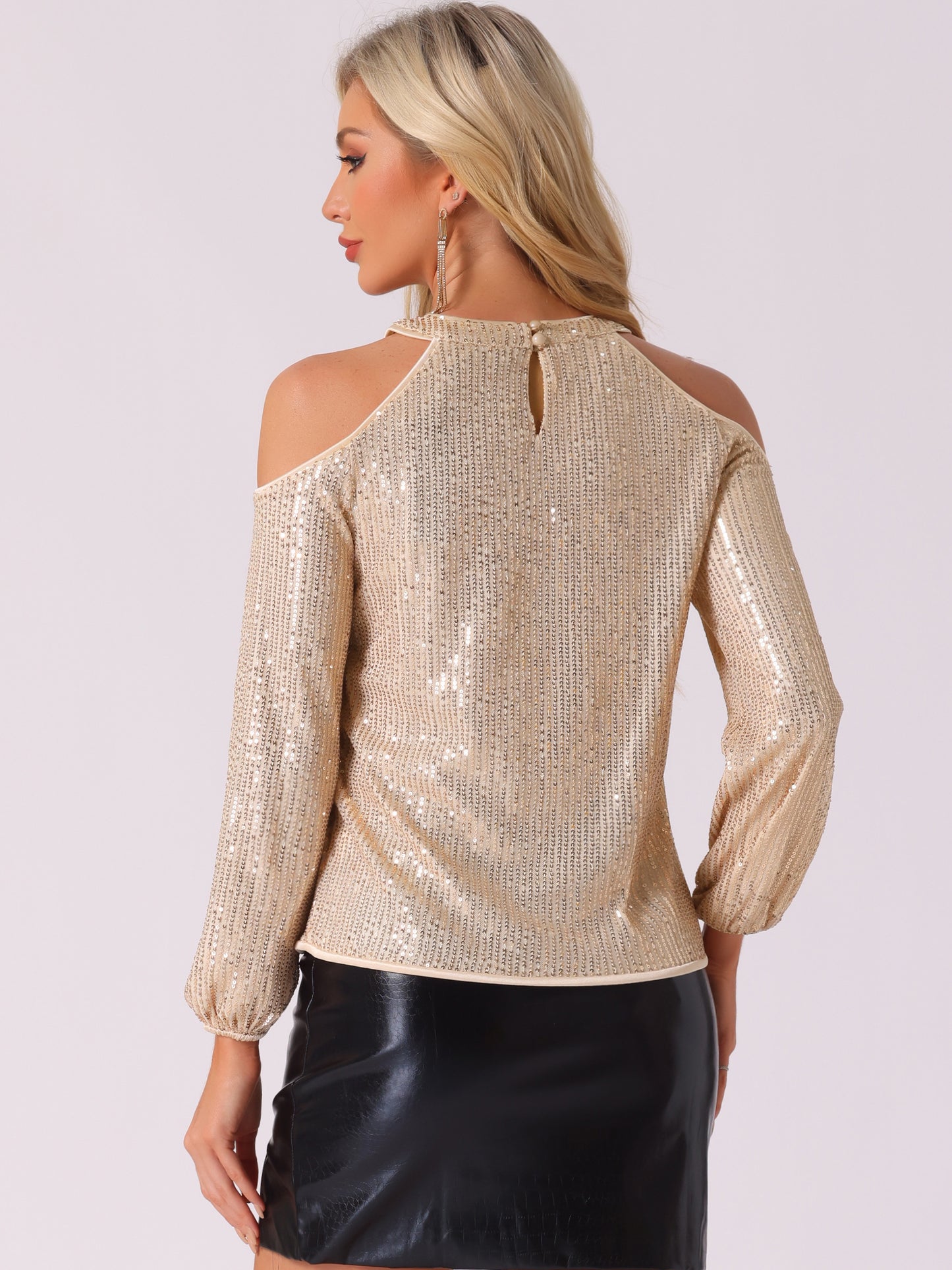 Women's Sequin Top Sparkle Glitter Long Sleeve Cold Shoulder Party Tunic Top
