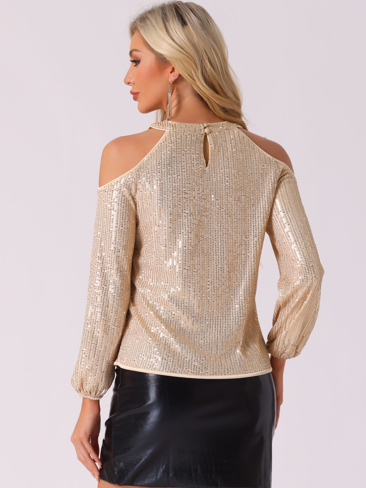 Women's Sequin Sparkle Glitter Long Sleeve Cold Shoulder Party Tunic Top