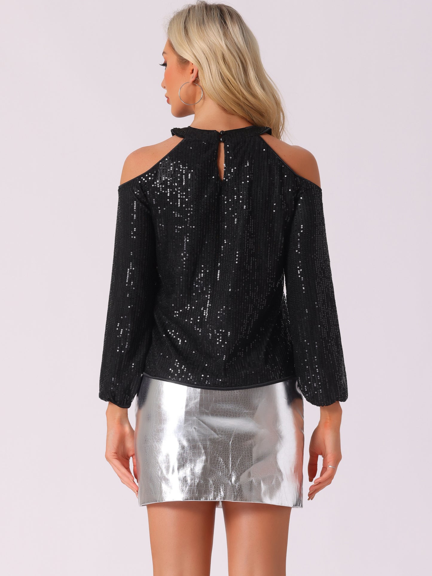 Women's Sequin Top Sparkle Glitter Long Sleeve Cold Shoulder Party Tunic Top