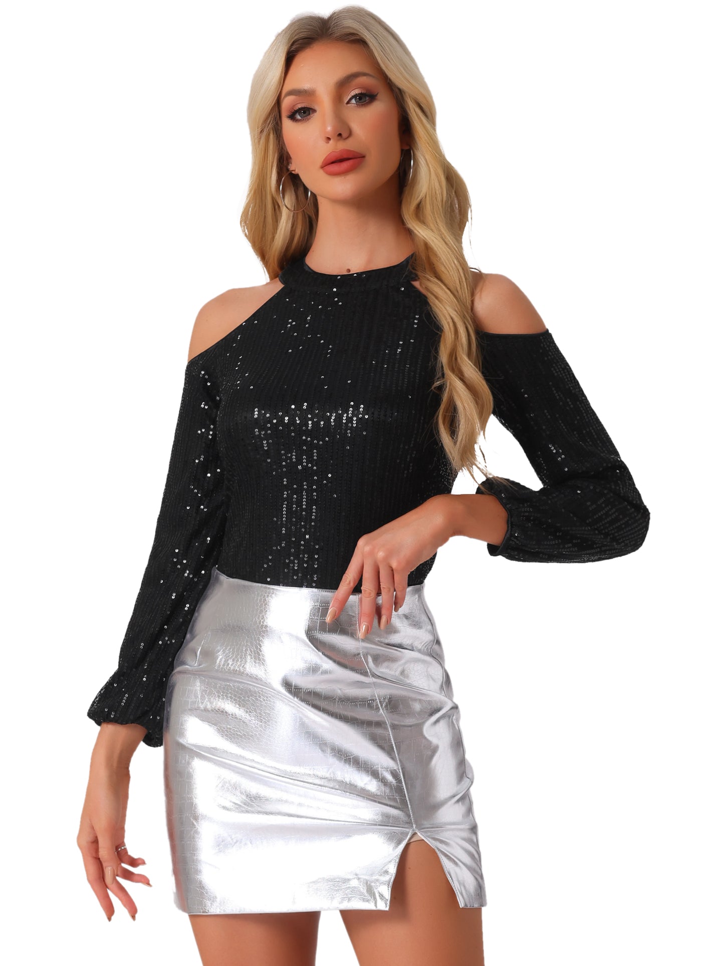 Women's Sequin Top Sparkle Glitter Long Sleeve Cold Shoulder Party Tunic Top