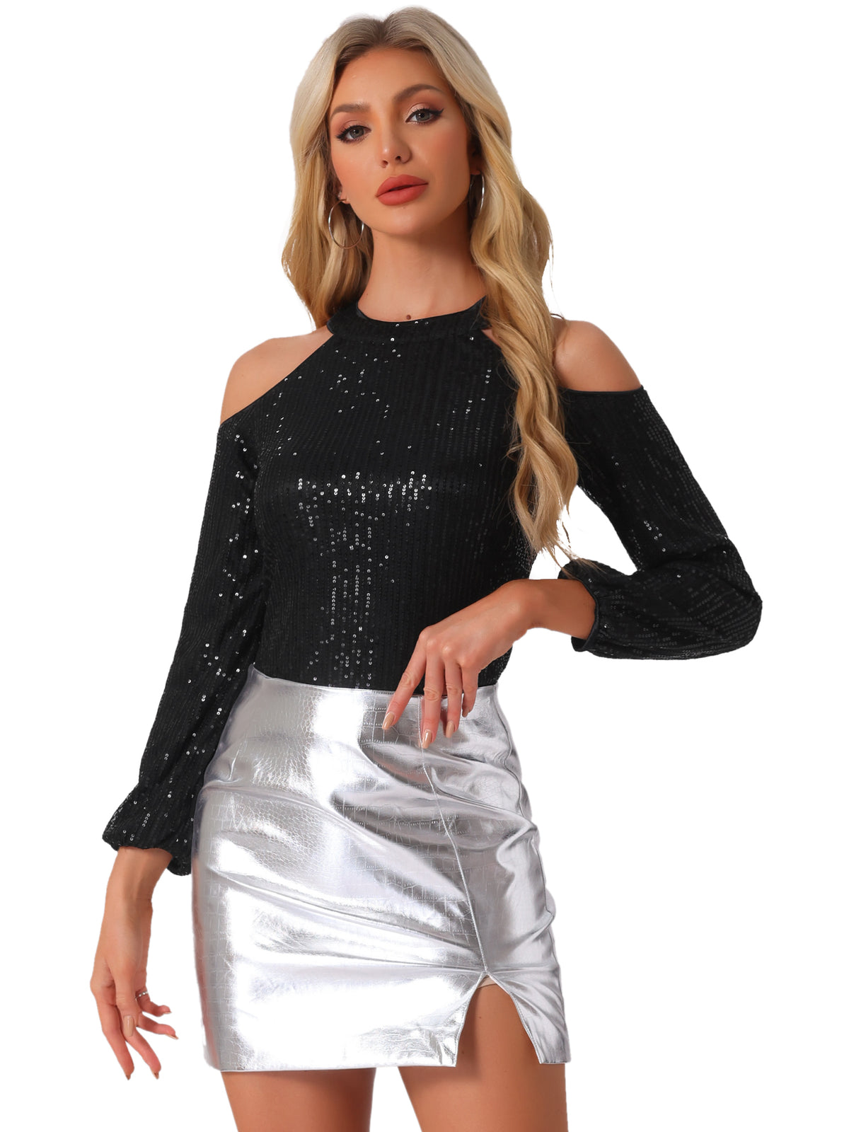 Women's Sequin Sparkle Glitter Long Sleeve Cold Shoulder Party Tunic Top