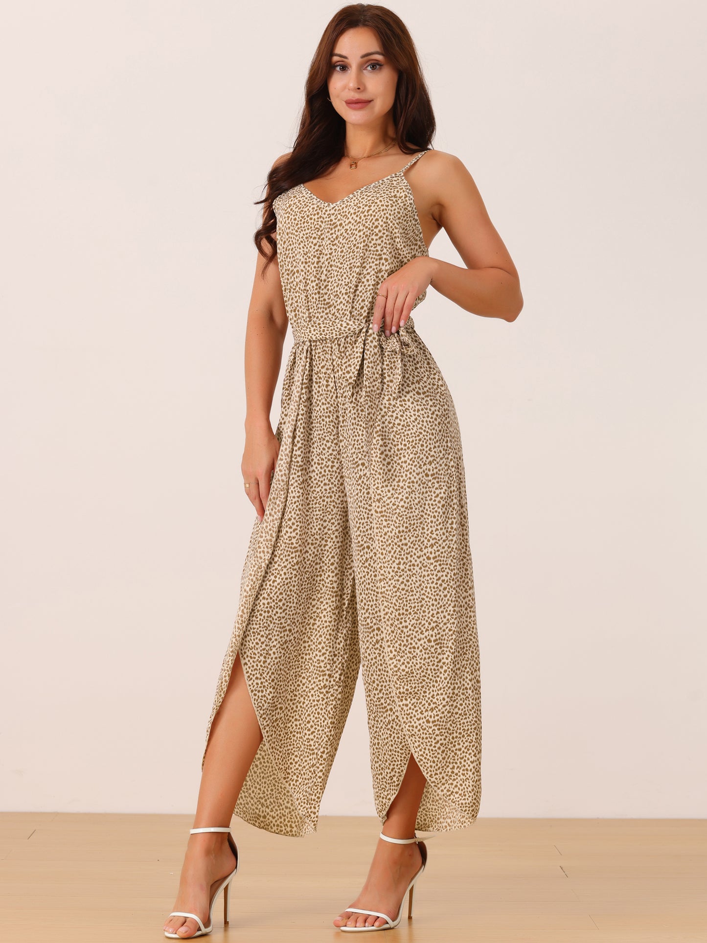 Women's Summer Jumpsuits Spaghetti Straps Sleeveless V Neck Tie Waist Split Wide Leg Casual Rompers