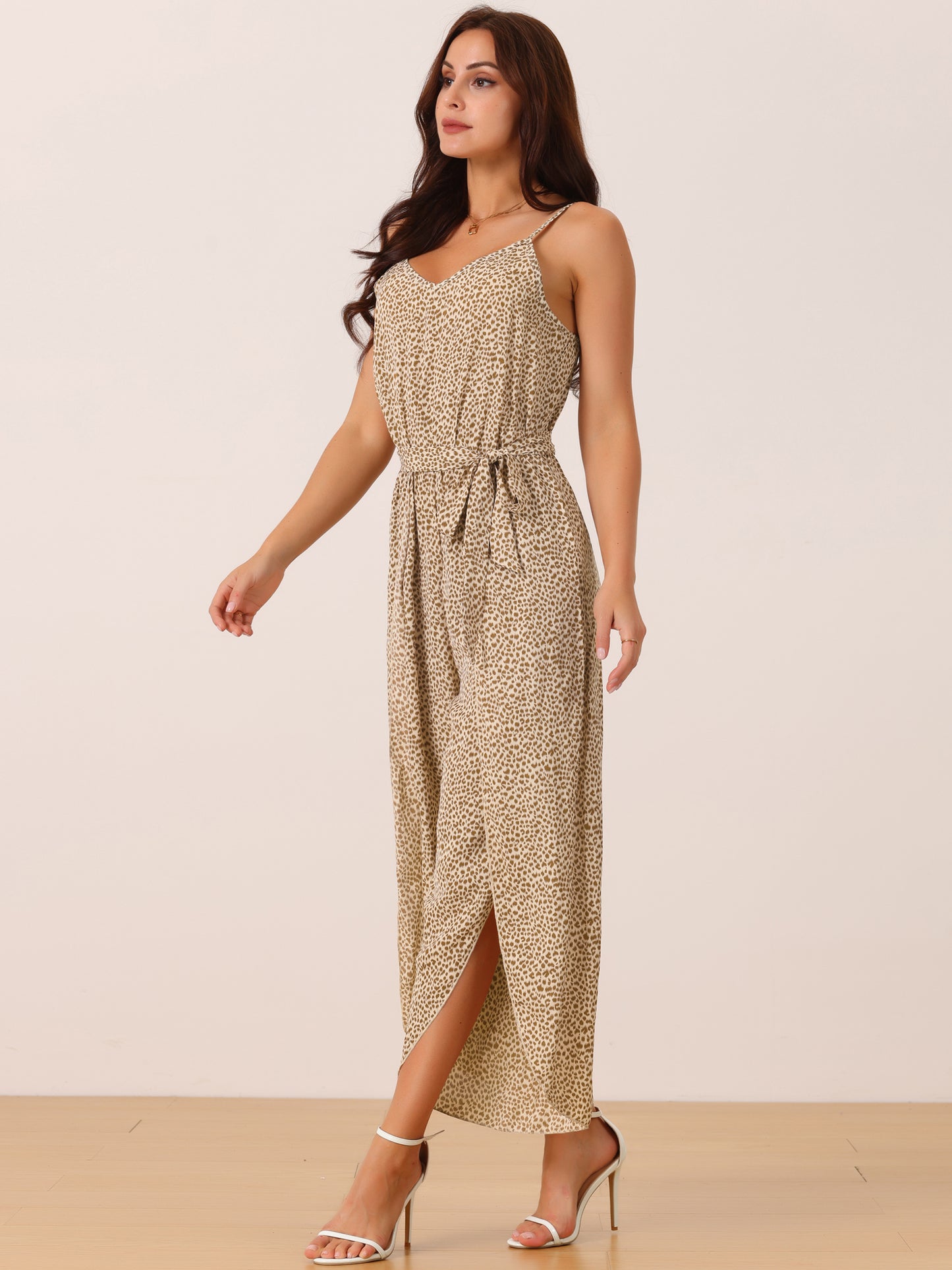 Women's Summer Jumpsuits Spaghetti Straps Sleeveless V Neck Tie Waist Split Wide Leg Casual Rompers