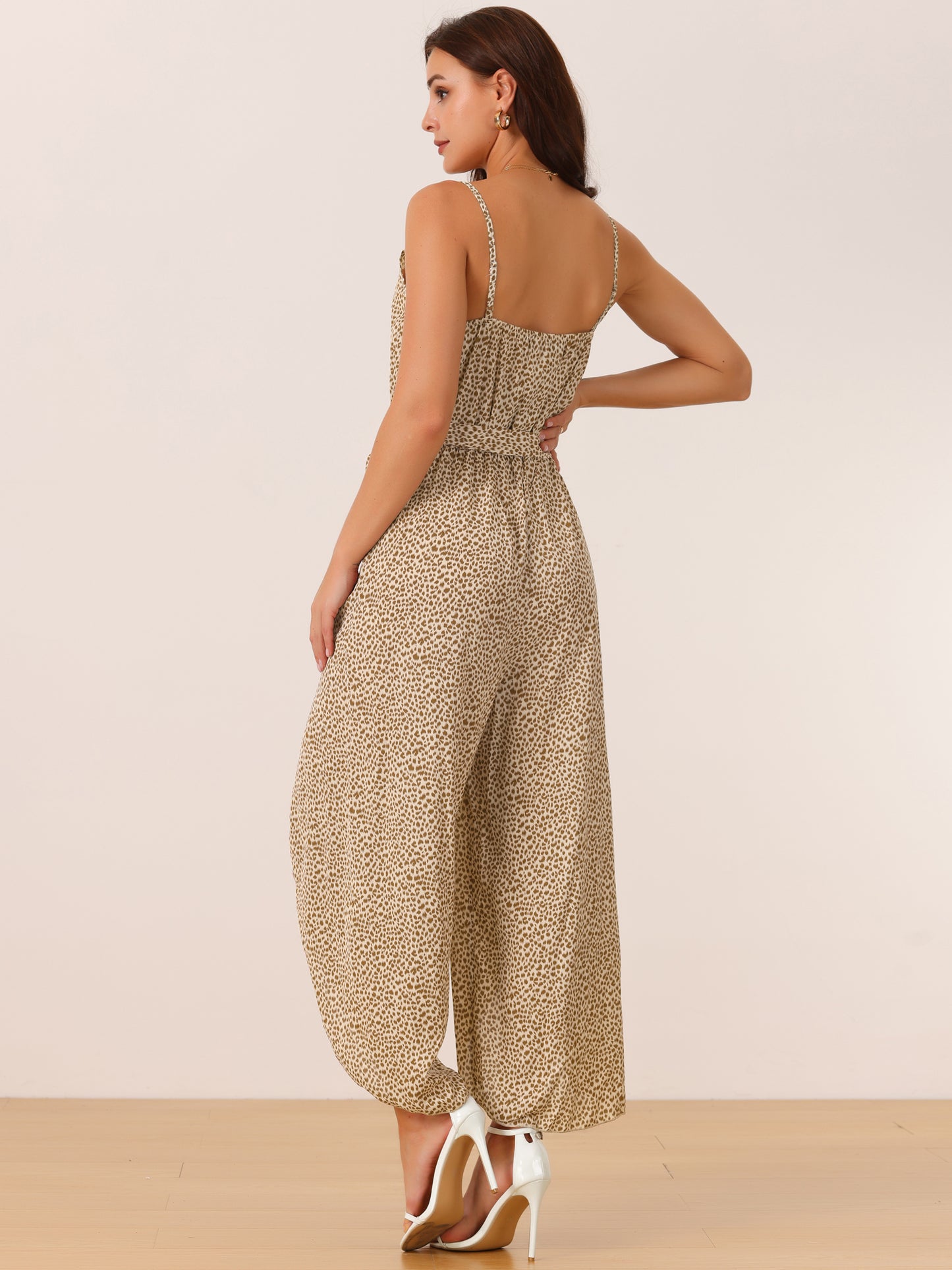 Women's Summer Jumpsuits Spaghetti Straps Sleeveless V Neck Tie Waist Split Wide Leg Casual Rompers