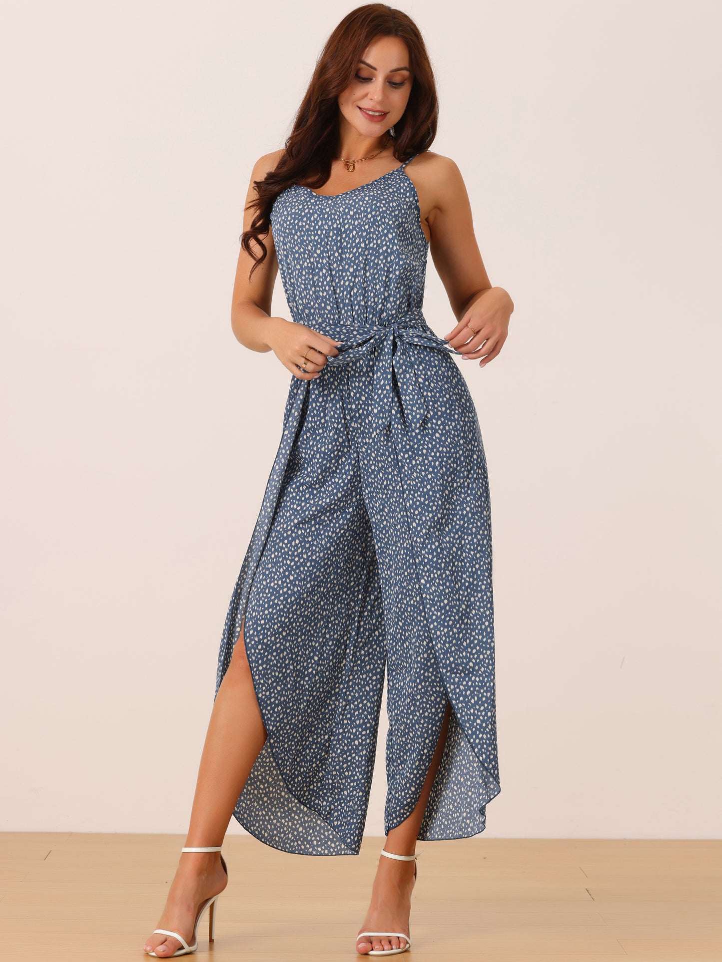 Women's Summer Jumpsuits Spaghetti Straps Sleeveless V Neck Tie Waist Split Wide Leg Casual Rompers