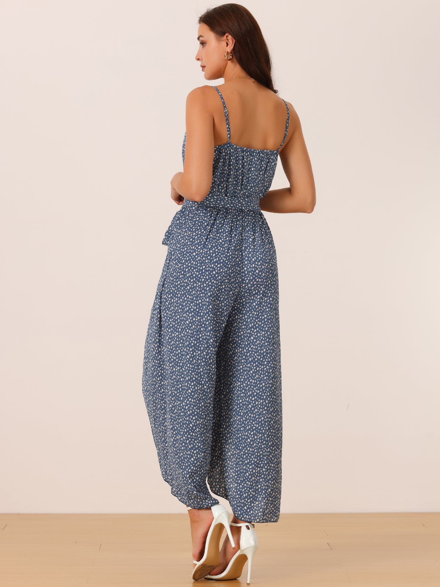 Women's Summer Jumpsuits Spaghetti Straps Sleeveless V Neck Tie Waist Split Wide Leg Casual Rompers