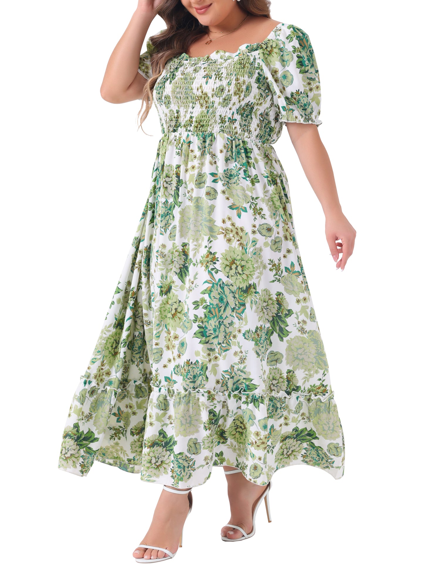 Women Plus Size Short Sleeve Shirred Square Neck Floral Maxi Long Dress