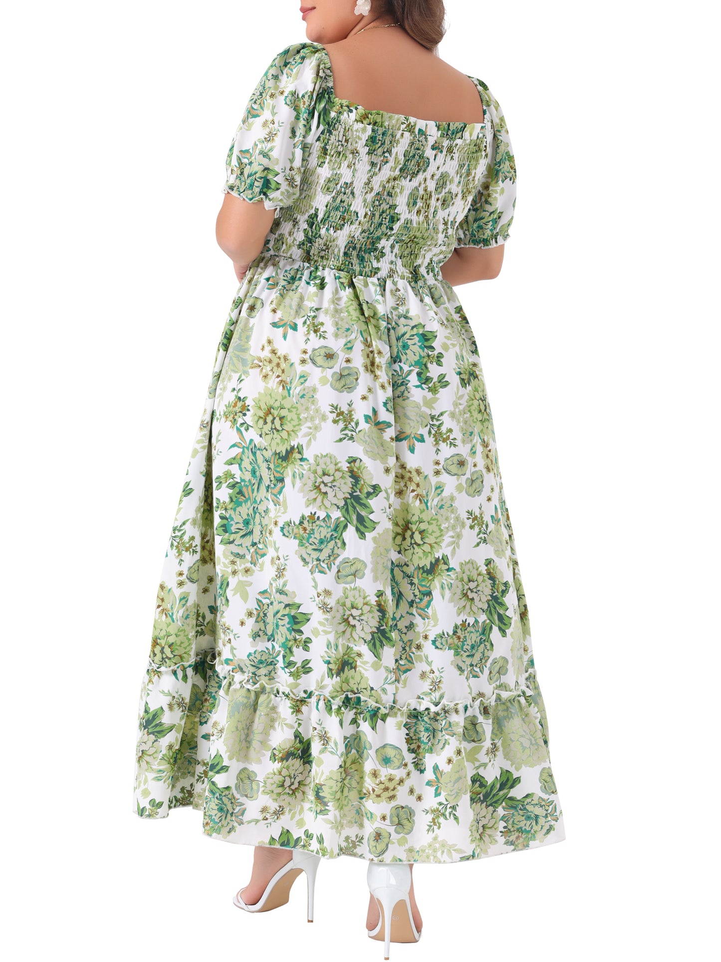 Women Plus Size Short Sleeve Shirred Square Neck Floral Maxi Long Dress