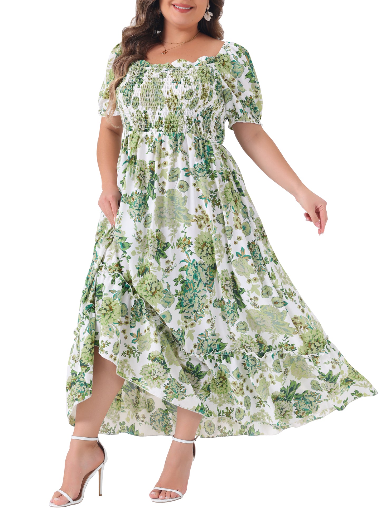 Women Plus Size Short Sleeve Shirred Square Neck Floral Maxi Long Dress