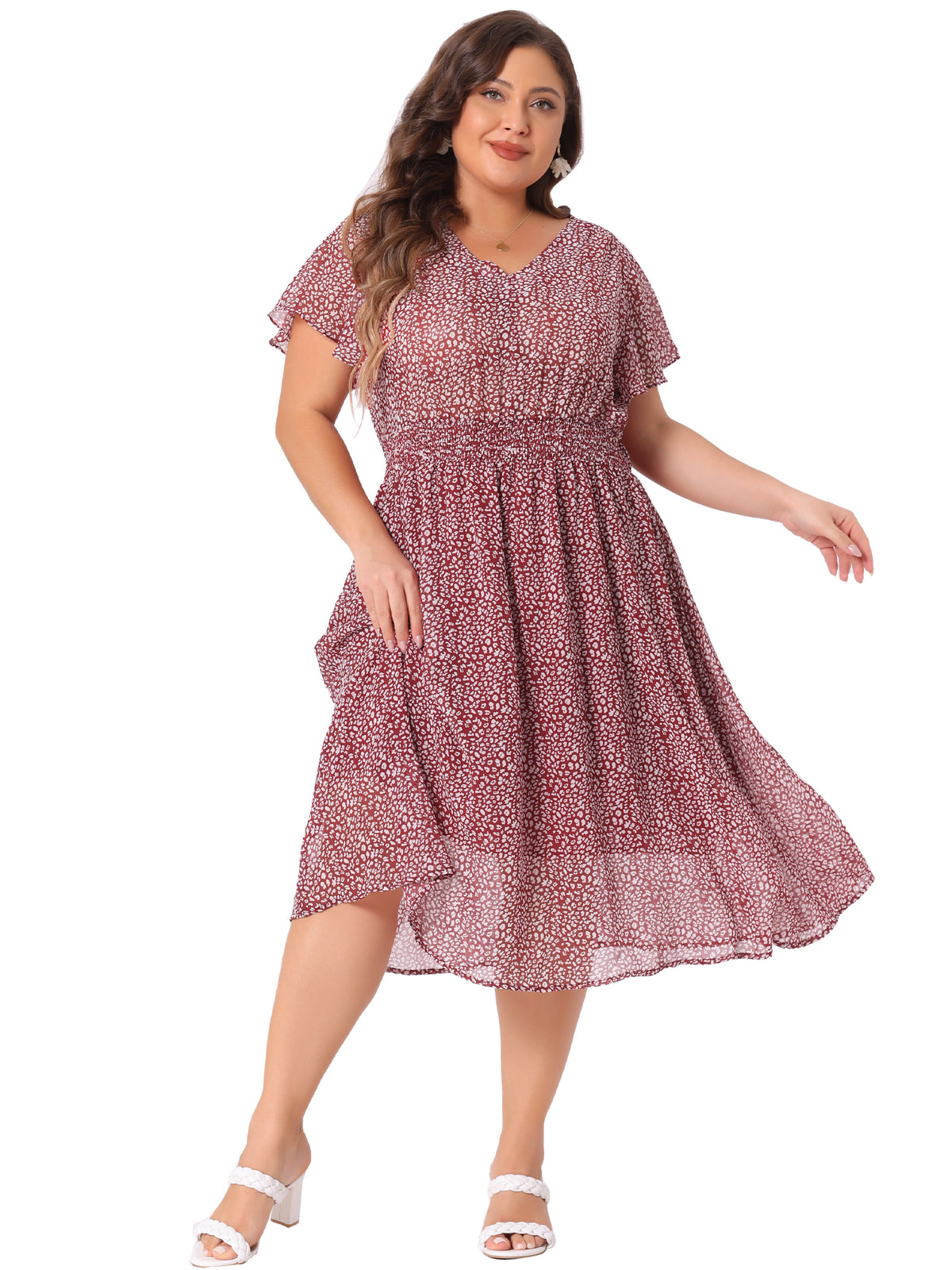 Women's Plus Size Summer Floral Print V Neck Smocked A-Line Flowy Midi Dress