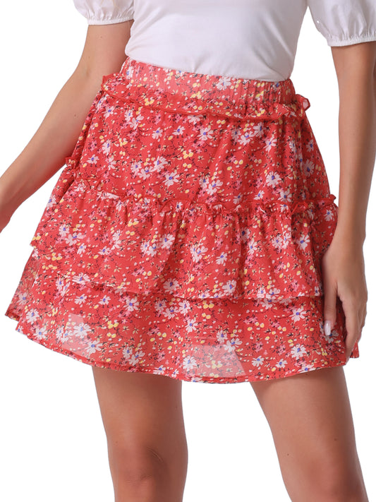 Minifalda skater floral con cintura elástica y dobladillo con volantes en capas para mujer