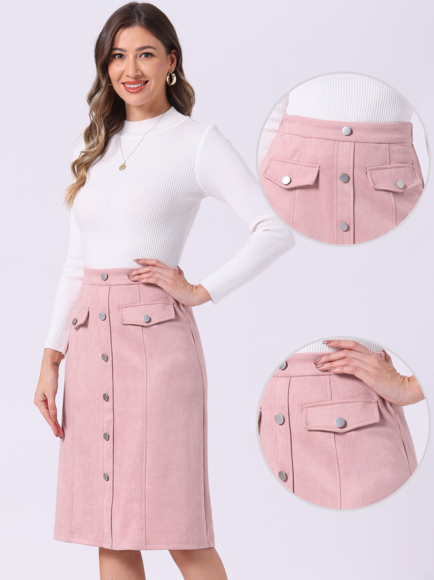 Women's Faux Suede Skirt Button Front High Waist Fall Knee Length A-Line Skirts