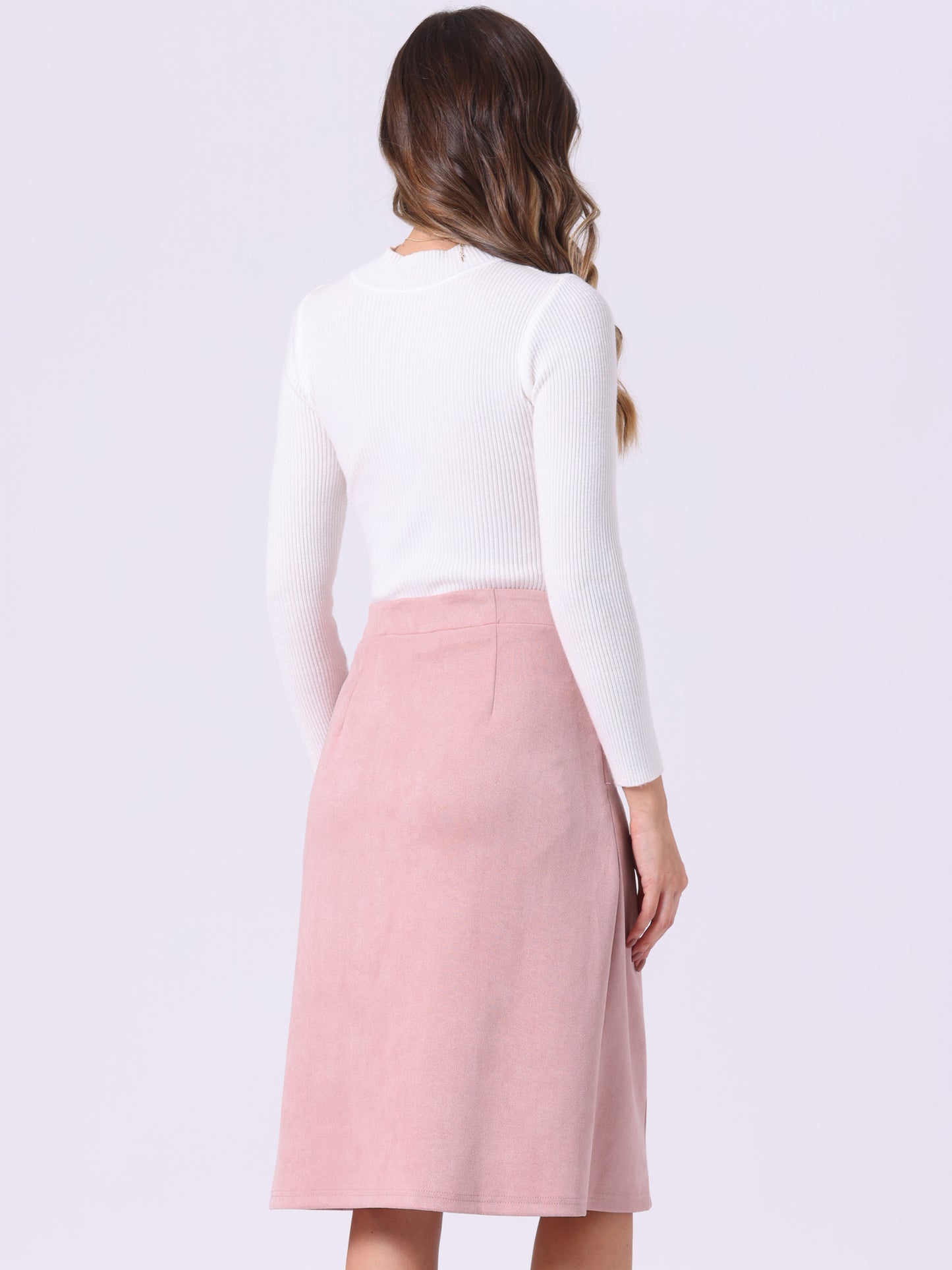 Women's Faux Suede Skirt Button Front High Waist Fall Knee Length A-Line Skirts