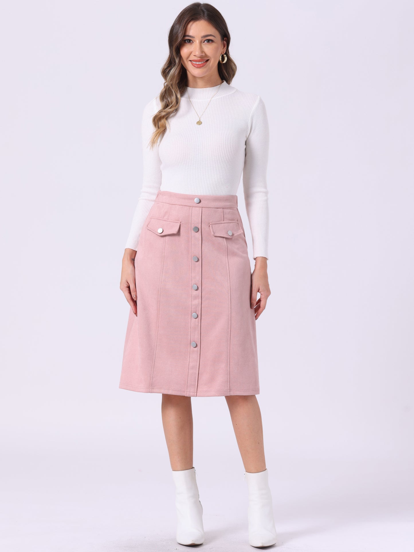 Women's Faux Suede Skirt Button Front High Waist Fall Knee Length A-Line Skirts