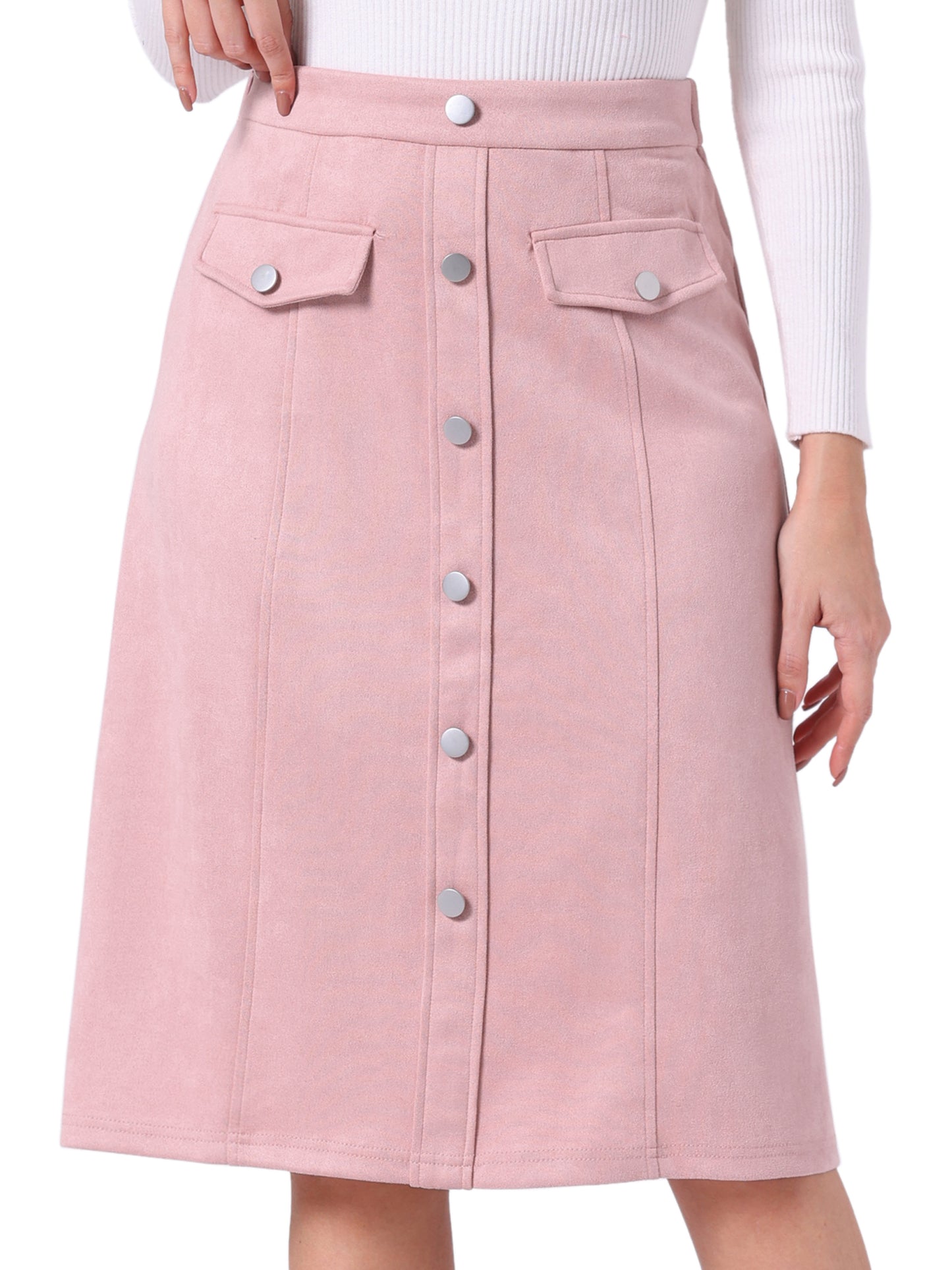 Women's Faux Suede Skirt Button Front High Waist Fall Knee Length A-Line Skirts