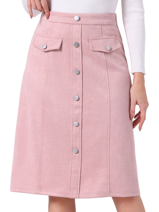 Women's Faux Suede Skirt Button Front High Waist Fall Knee Length A-Line Skirts