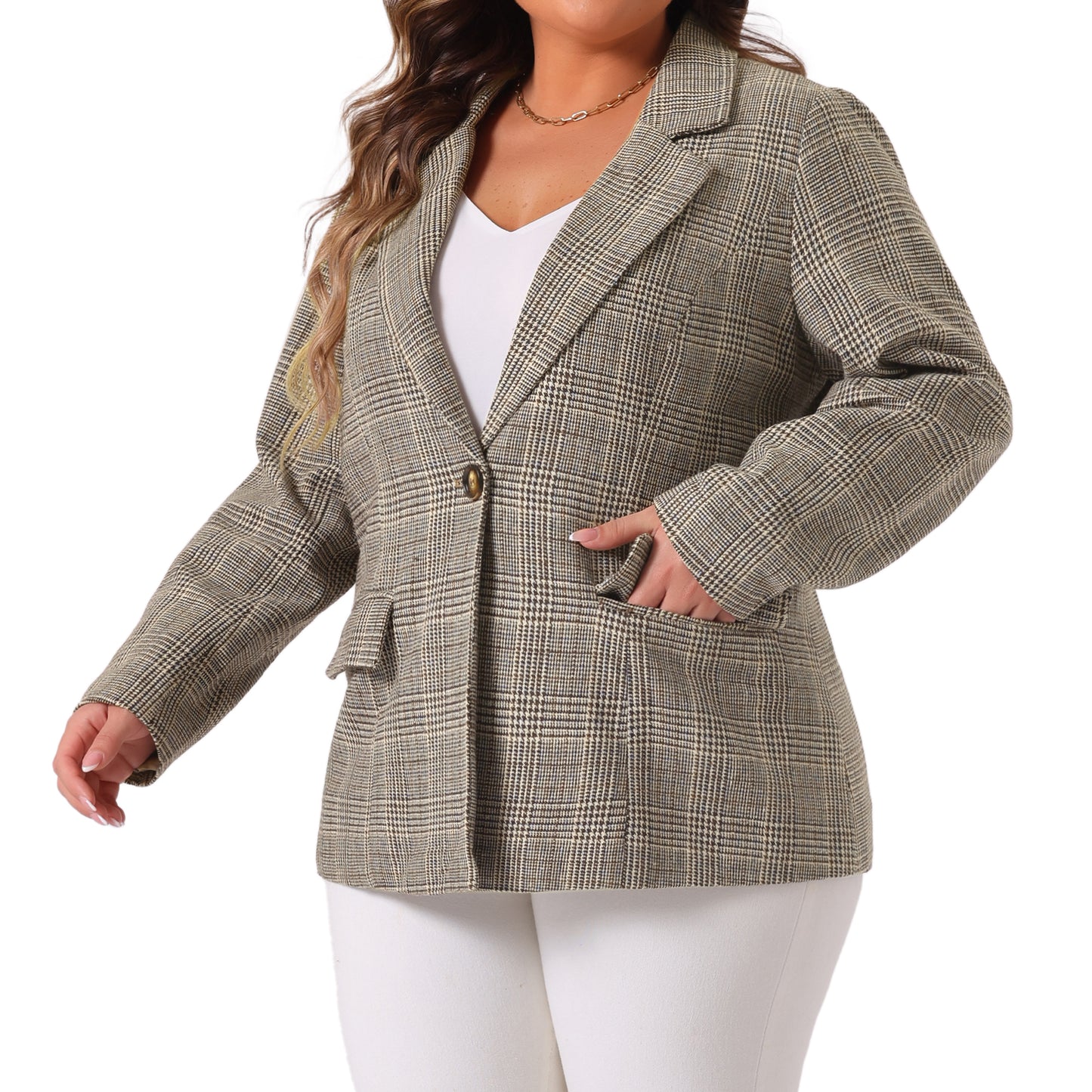 Blazer de talla grande para mujer, chaqueta informal de negocios de manga larga con solapa con muescas a cuadros