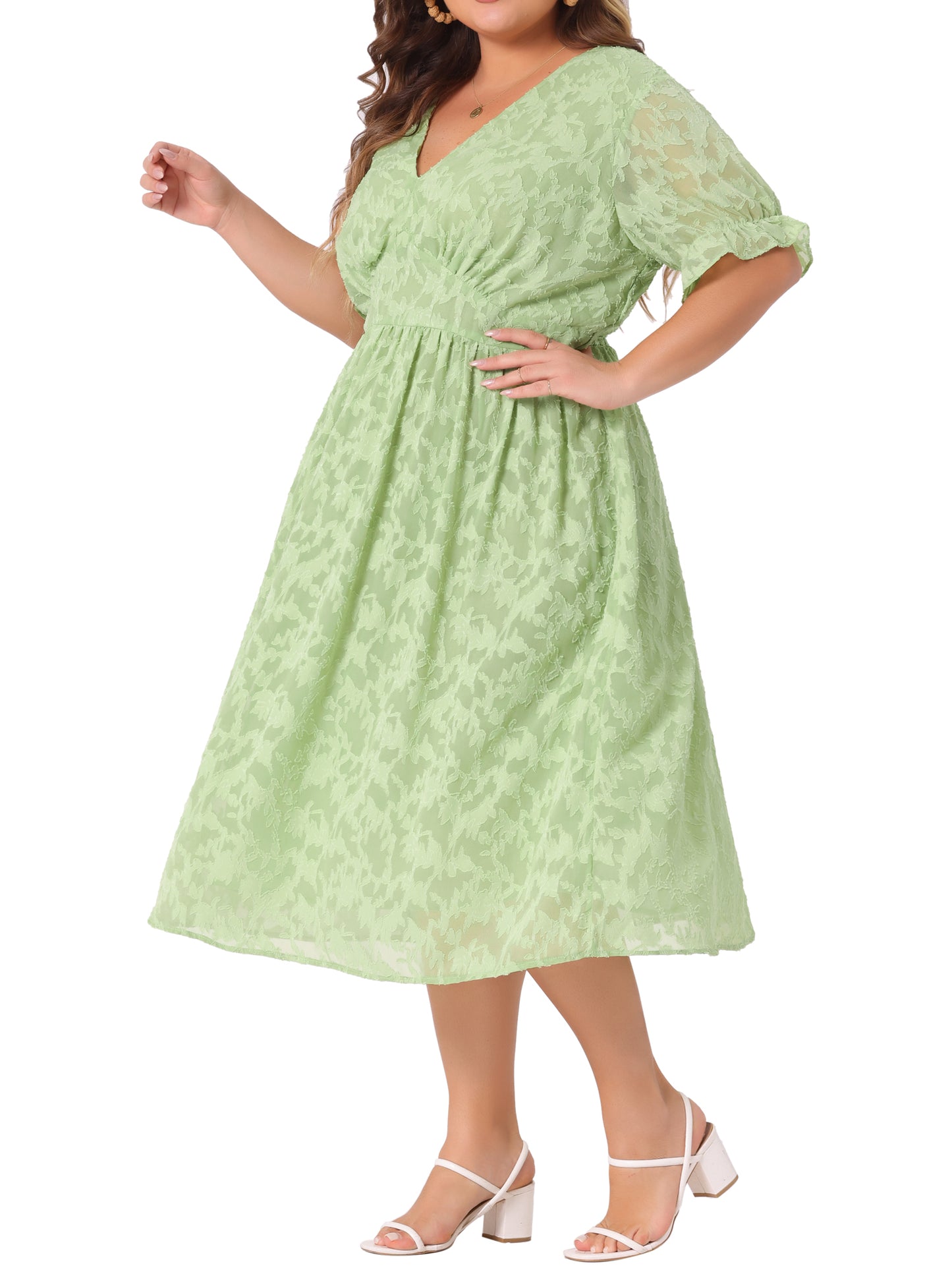 Women Plus Size Dress Casual V Neck Bubble Short Sleeve Semi Sheer Swing Flowy Summer Dresses