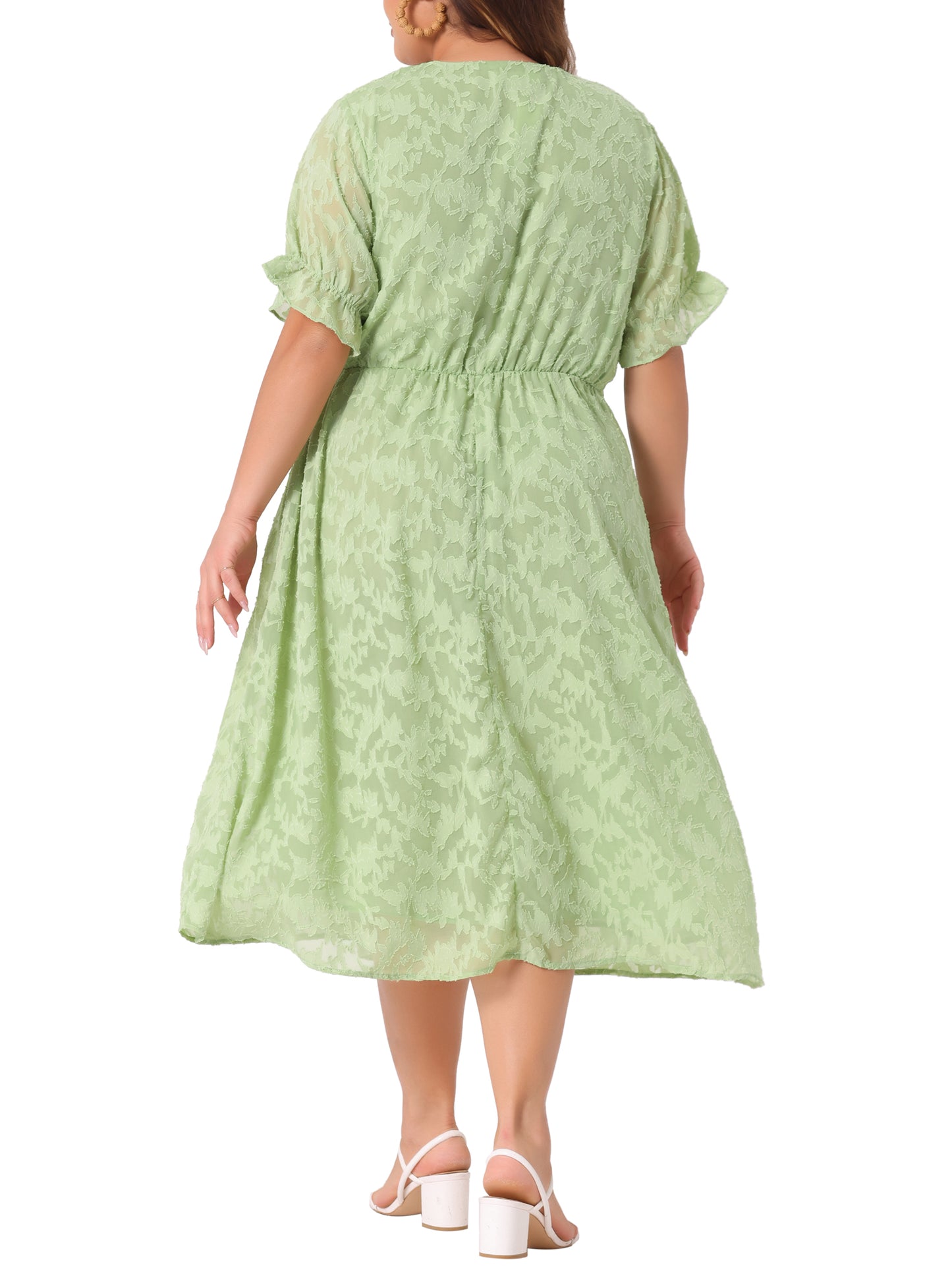 Women Plus Size Dress Casual V Neck Bubble Short Sleeve Semi Sheer Swing Flowy Summer Dresses