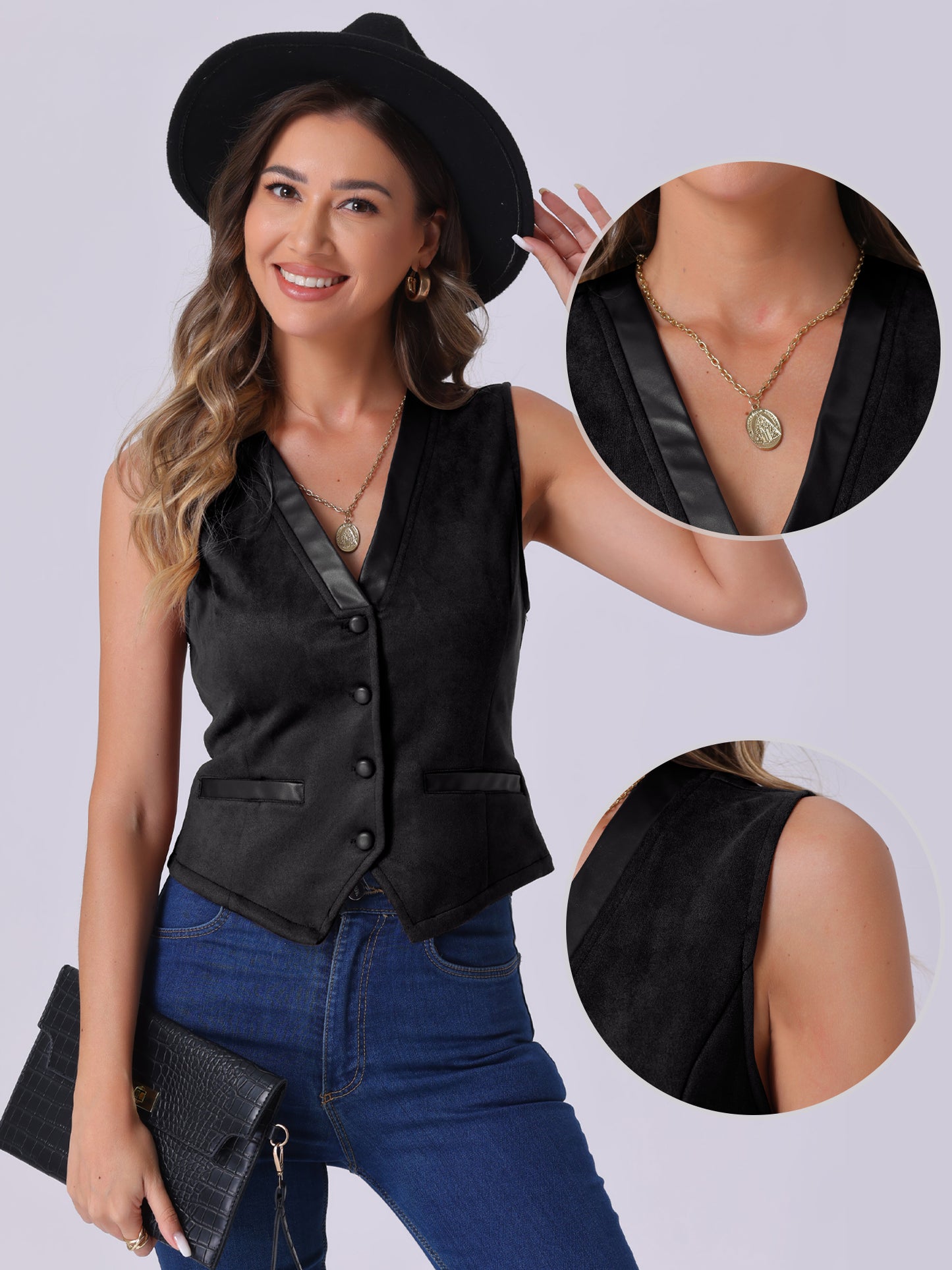 Women's V Neck Faux Suede Button Down Suit Vest