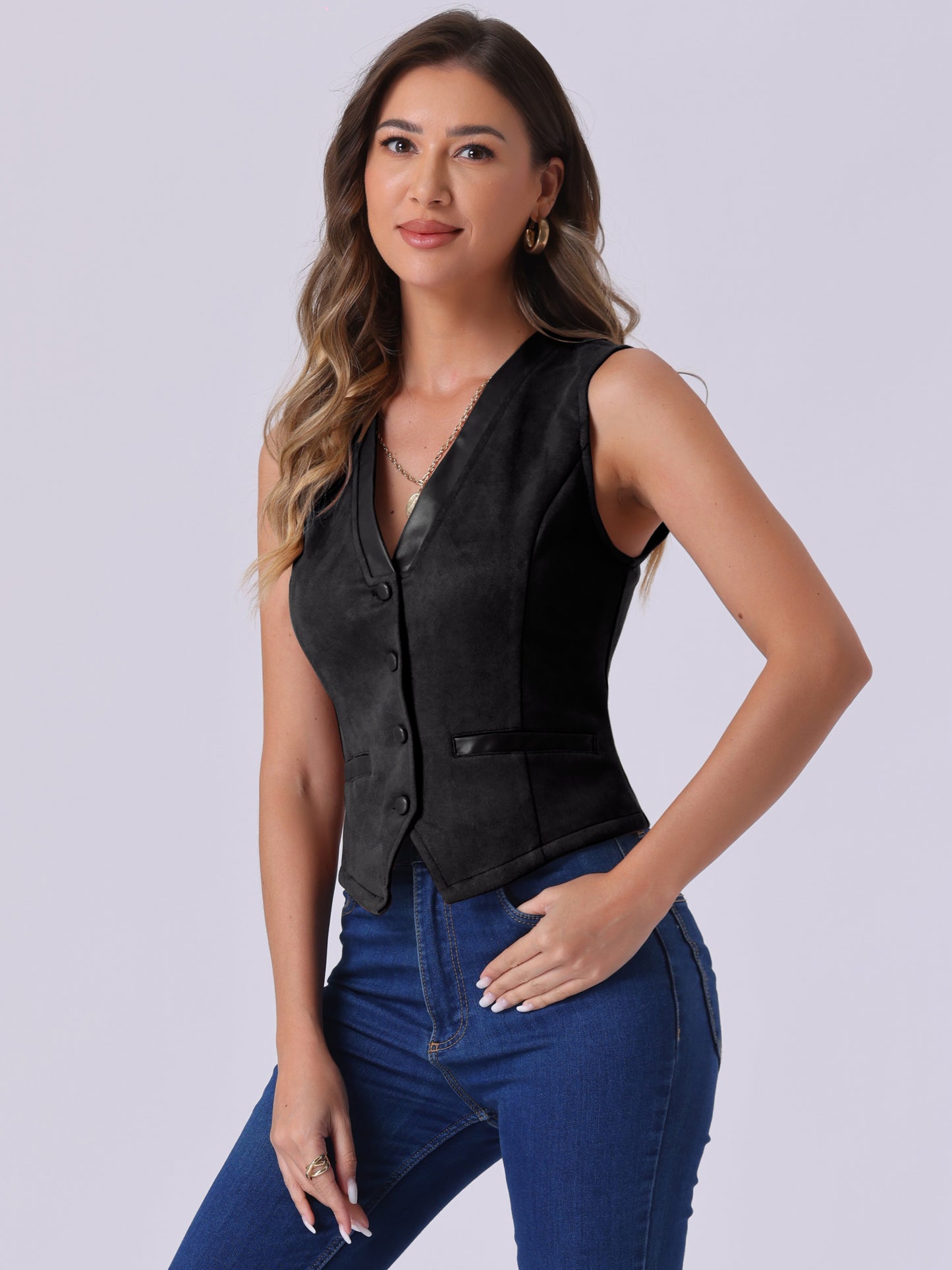 Women's V Neck Faux Suede Button Down Suit Vest