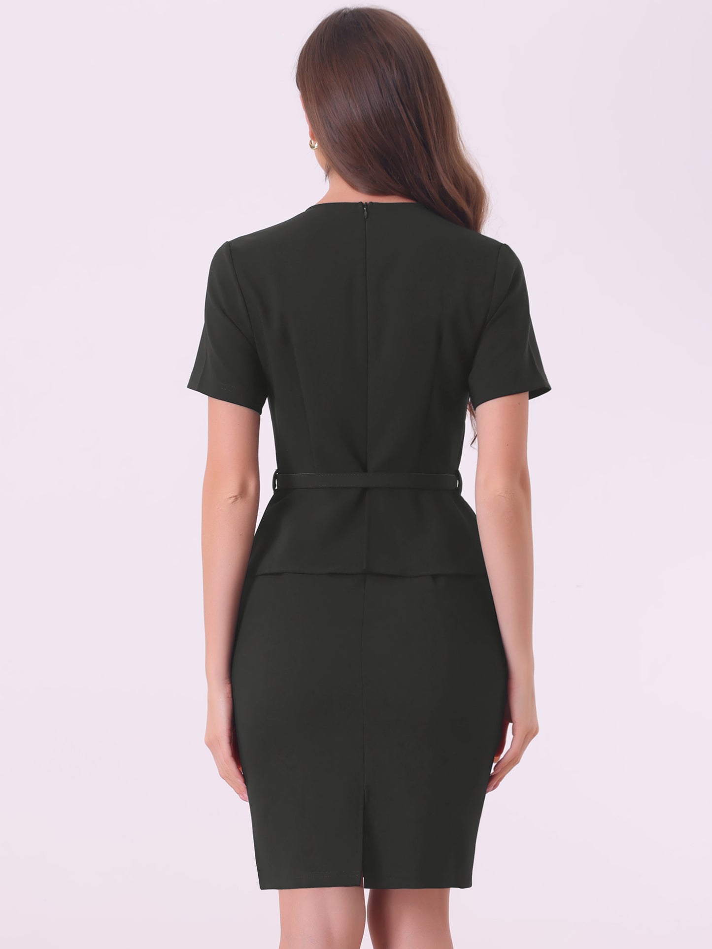 Women's Vintage Retro Belt V-Neck Faux Two Piece Slim Casual Short Sleeve Office Dress