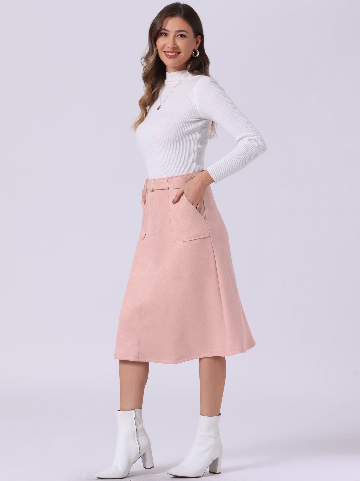 Falda midi elástica de ante sintético con bolsillos y cinturón para mujer