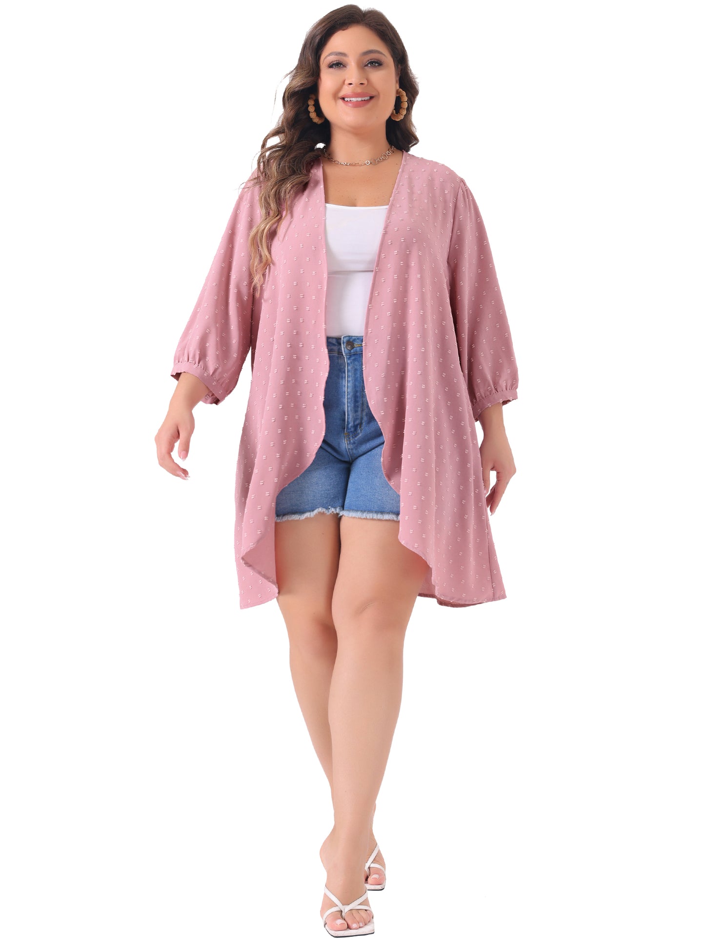 Women Plus Size Cardigan Open Front 3/4 Sleeve Swiss Dots Lightweight Casual Cover Up