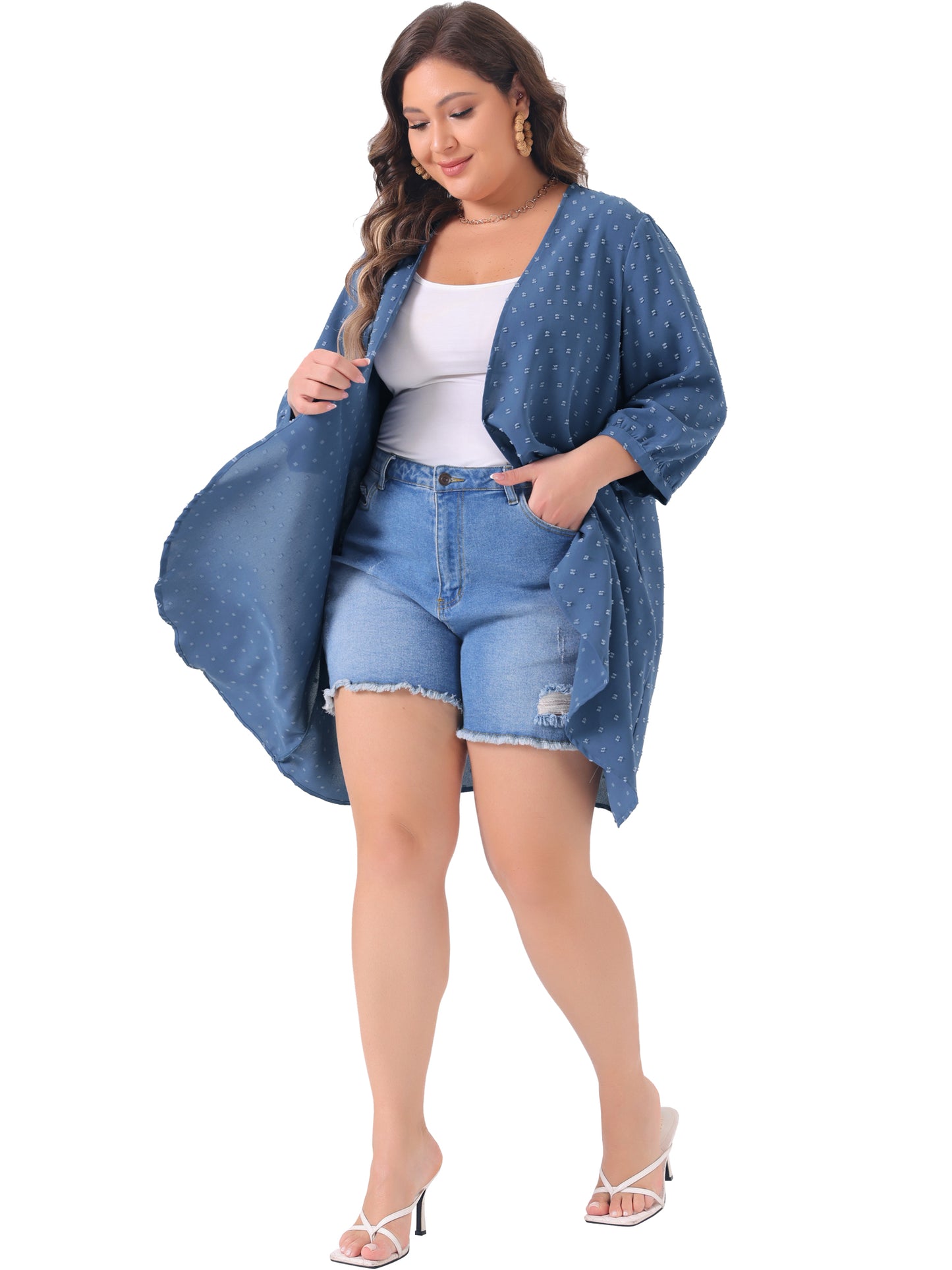Women Plus Size Cardigan Open Front 3/4 Sleeve Swiss Dots Lightweight Casual Cover Up